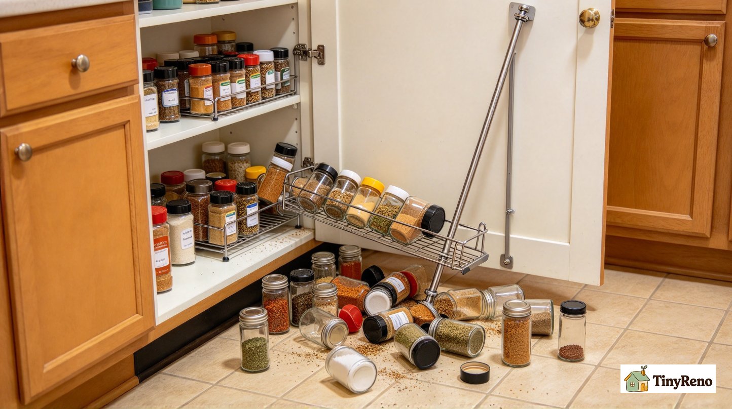 Vertical tension rod spice rack fallen off pantry door, glass spice jars scattered on kitchen floor, failed storage solution