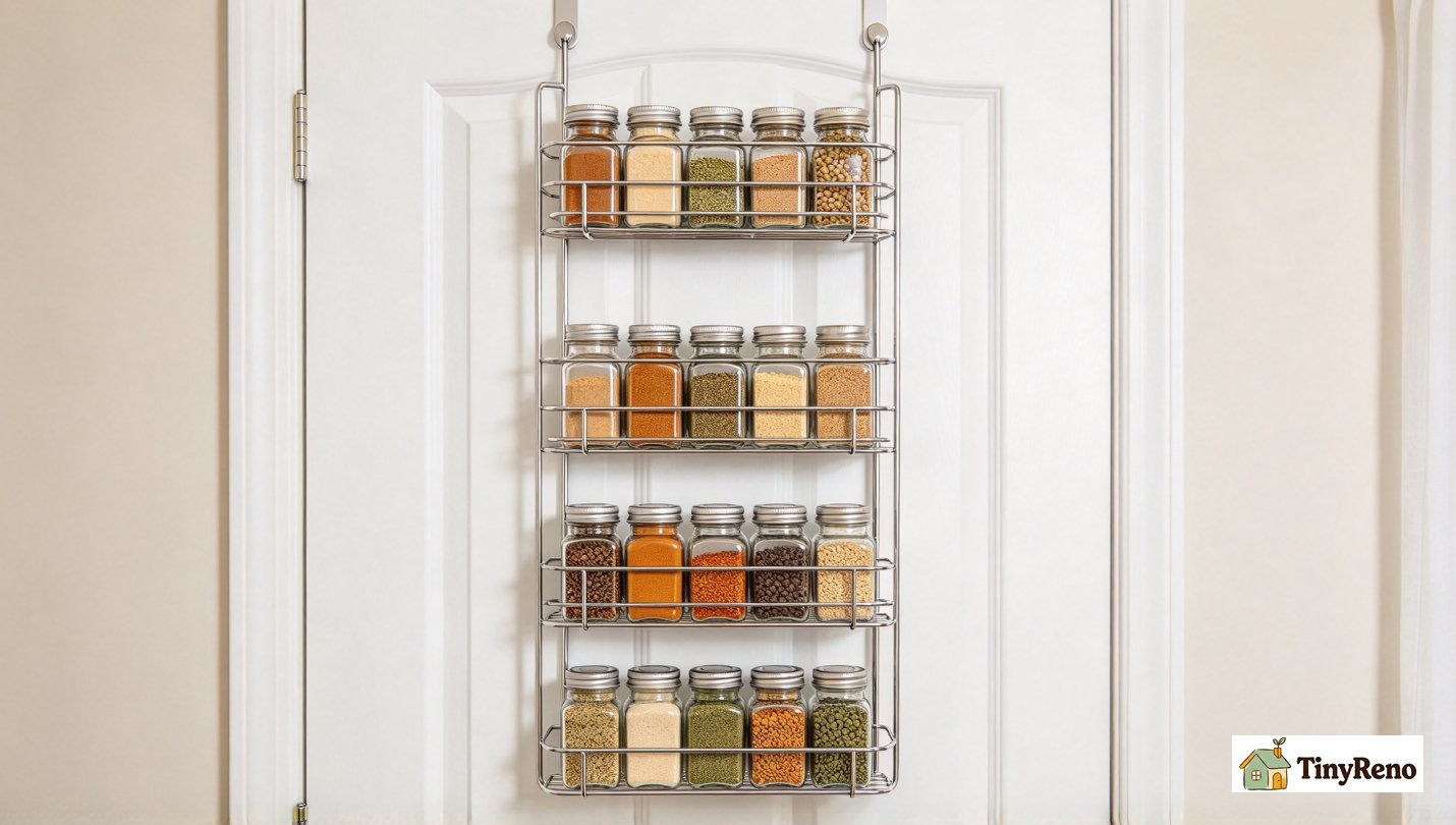 Slim 24-inch tall chrome over-the-door wire spice rack, neatly holding glass spice jars, pantry door fully closed with no obstruction