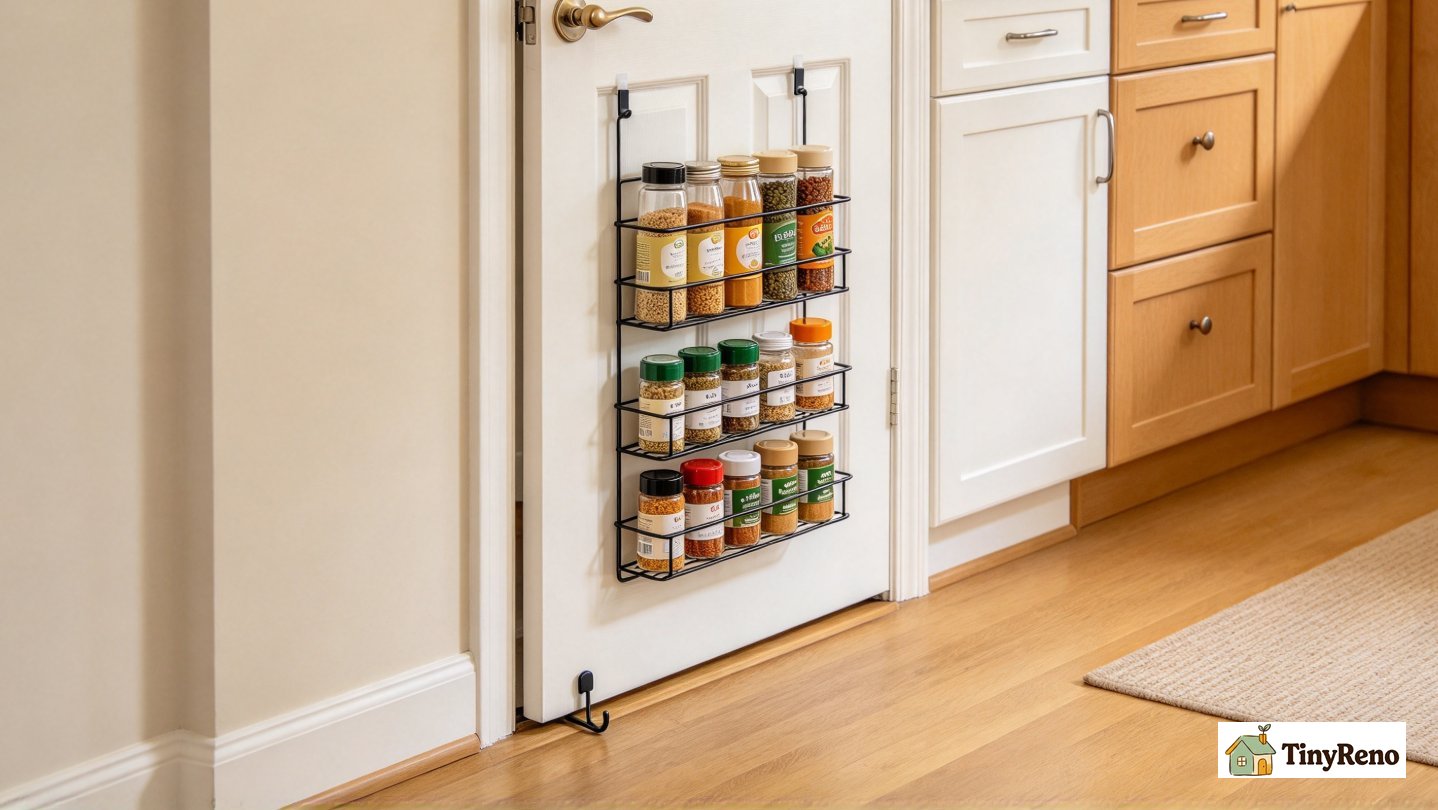 Spice rack for a door installed on Brooklyn pantry door holding 8 jars. Test result after 6 months of weekly cooking, soft warm light, off-white wall.