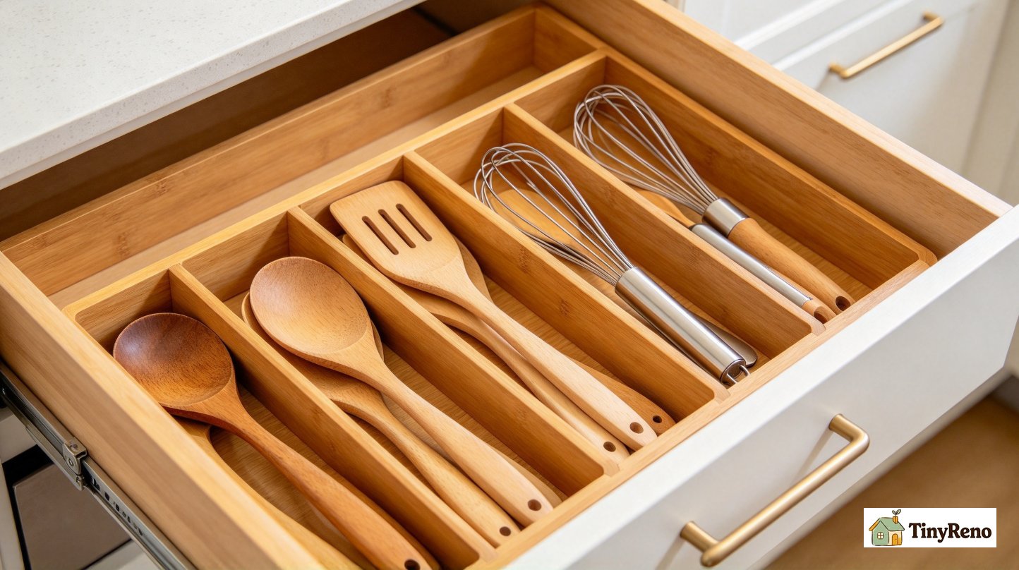 A bamboo 5-compartment drawer divider installed in a small kitchen drawer with utensils placed in each compartment, soft warm light, off-white wall.