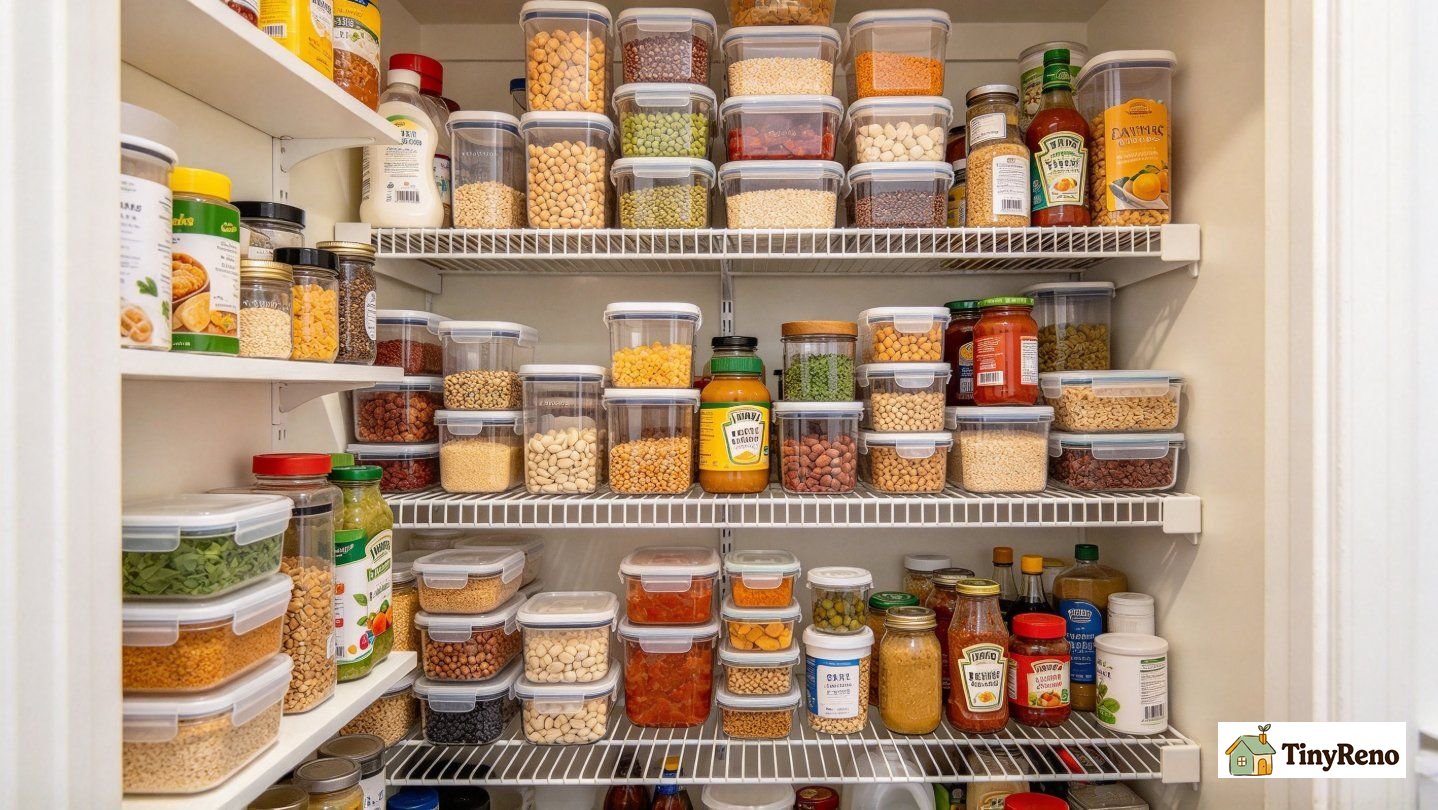 Neatly organized tiny pre-war pantry with clear stackable food containers, no Lazy Susan, optimized storage for shallow wire shelves