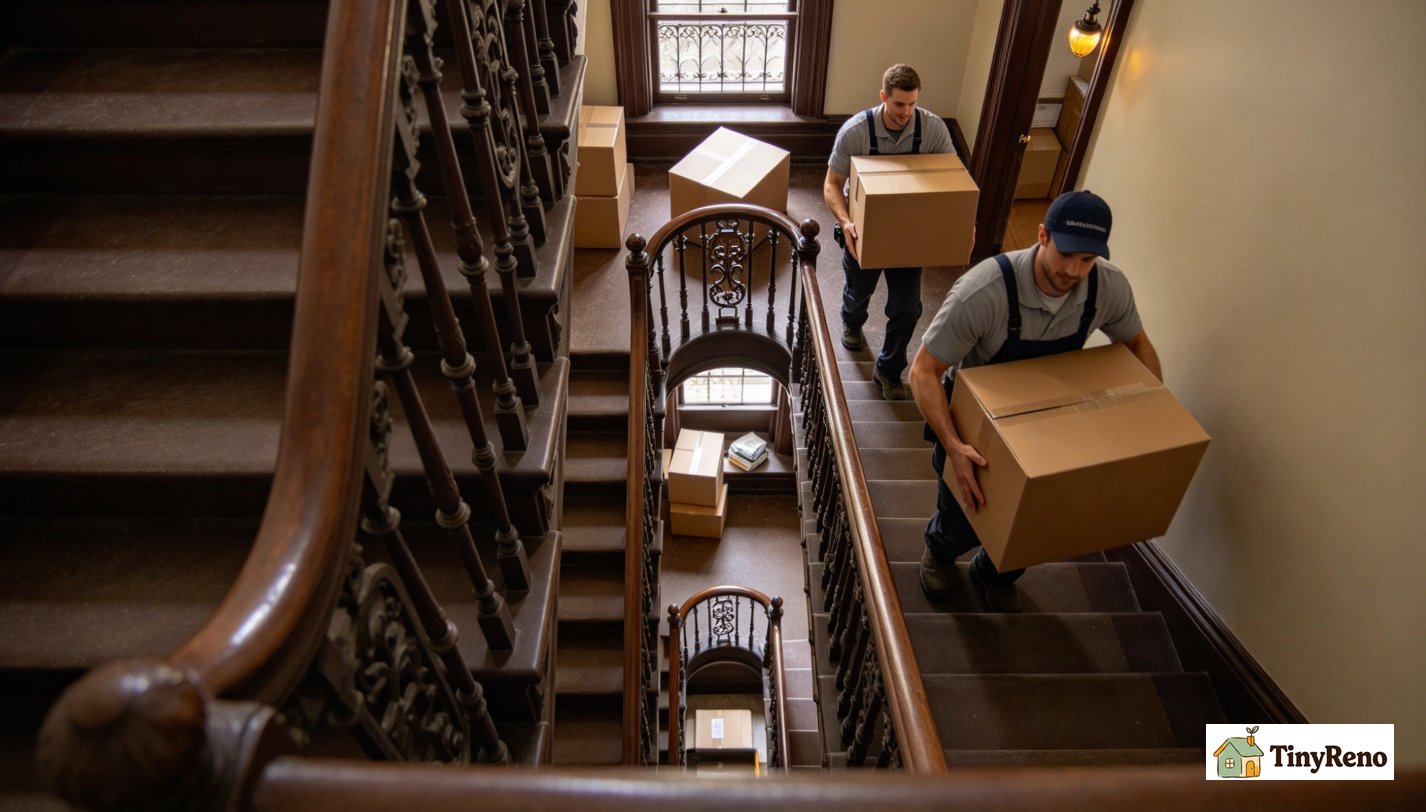 Two unpacking service workers lifting cardboard boxes up narrow 32-step brownstone stairwell, 180-degree landing, old NYC walk-up apartment stairs