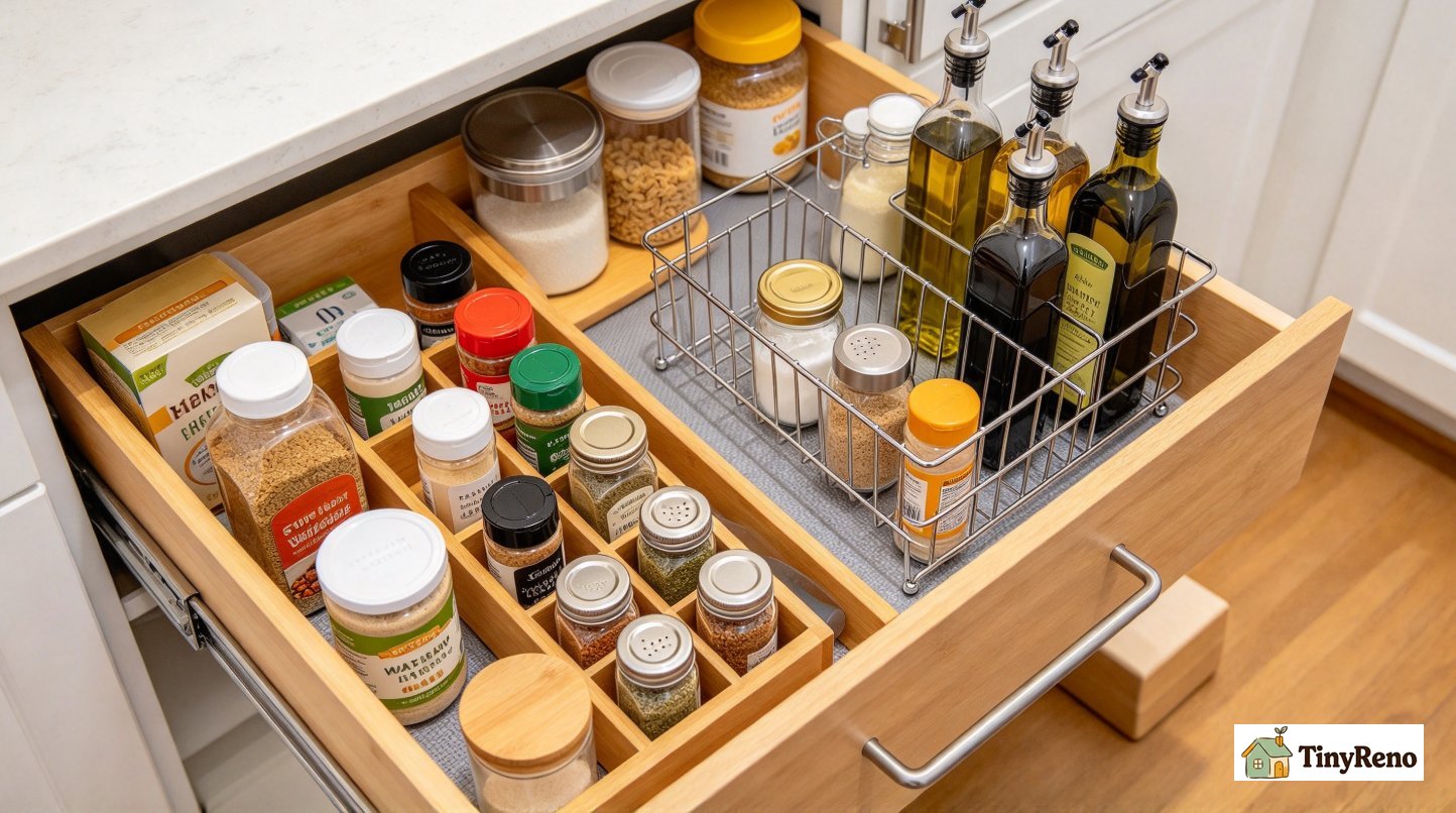 Final fully organized pantry drawer setup: bamboo spice organizer + expandable wire rack for oil bottles, non-slip liner underneath, furniture wedge at rear, clean rental-friendly storage
