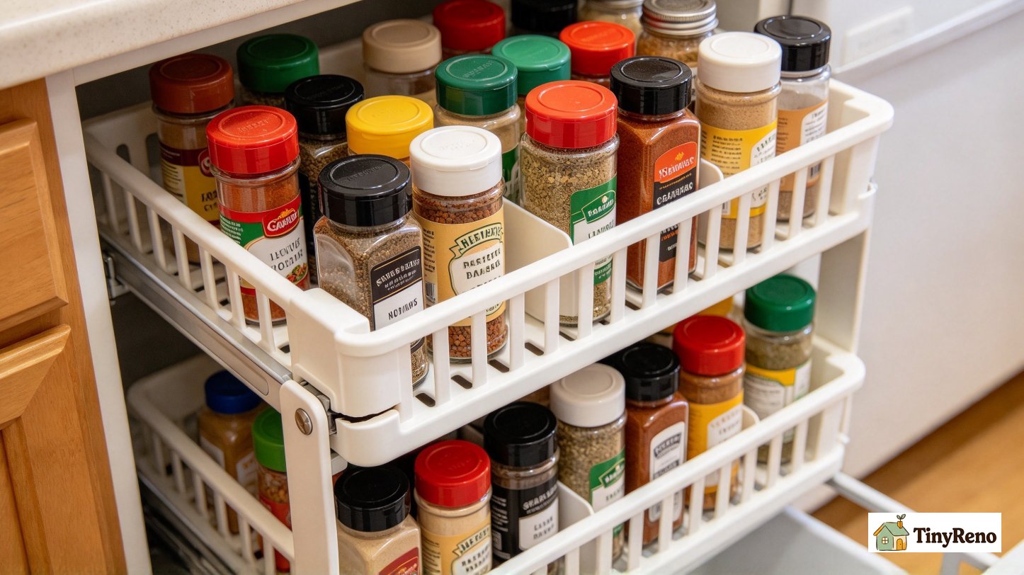 Tiered plastic drawer organizer with heavy spice jars placed on top tier, hinge cracked, jars sliding forward showing common installation mistake
