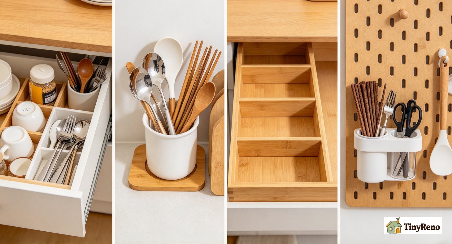 Side by side comparison shot of 4 utensil storage solutions: junk drawer, ceramic holder, bamboo drawer divider, wall pegboard