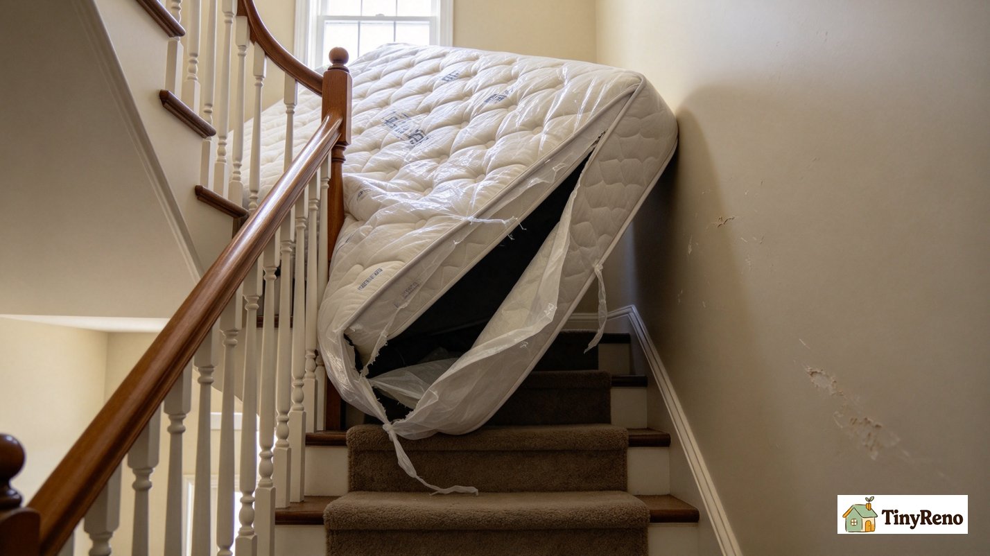 Failed mattress drag method, mattress bag torn open, mattress caught on stair banister, scuffed drywall corner on landing