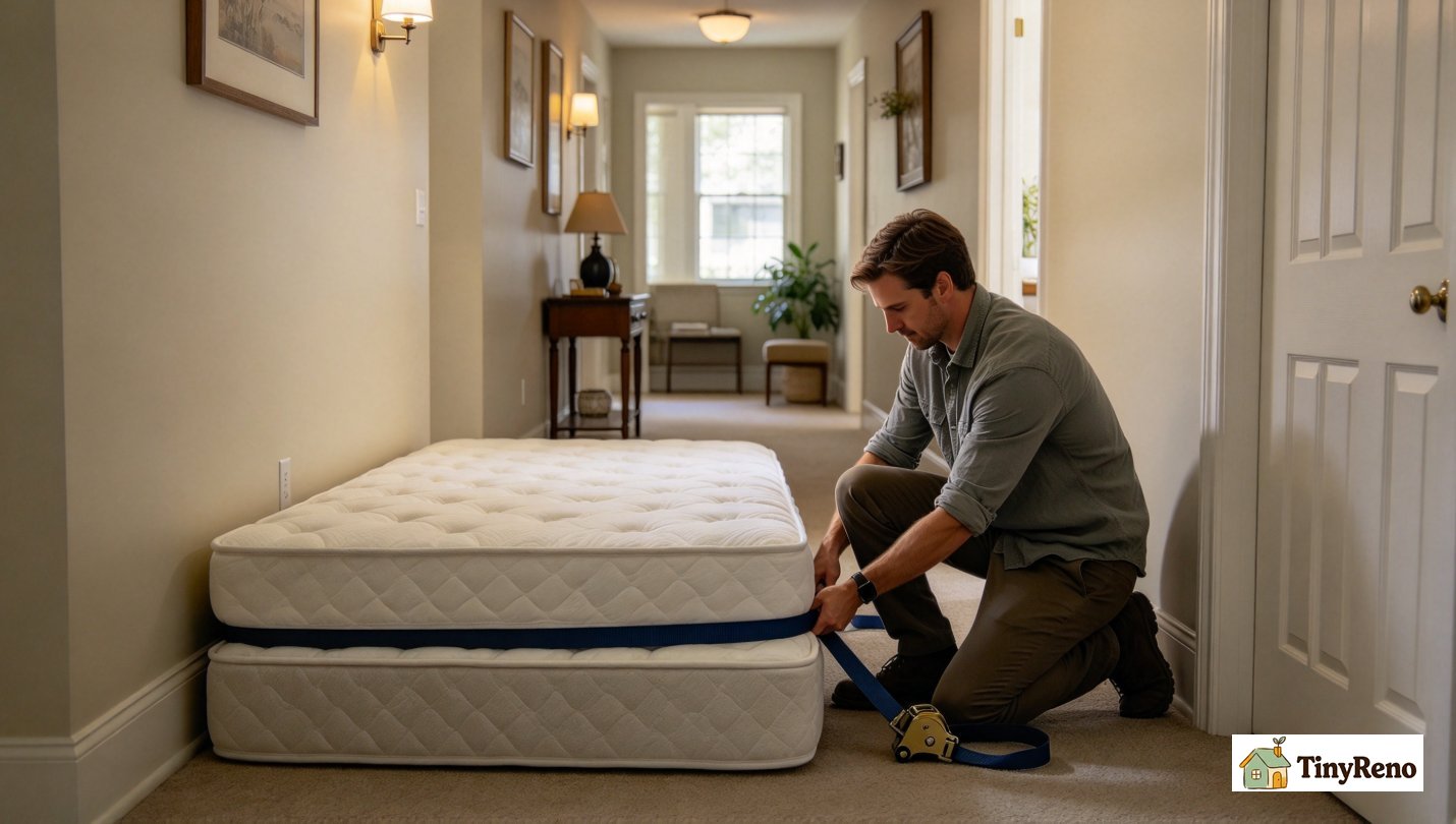 Man folding queen mattress in half, securing folded mattress tight with ratchet strap on apartment hallway floor
