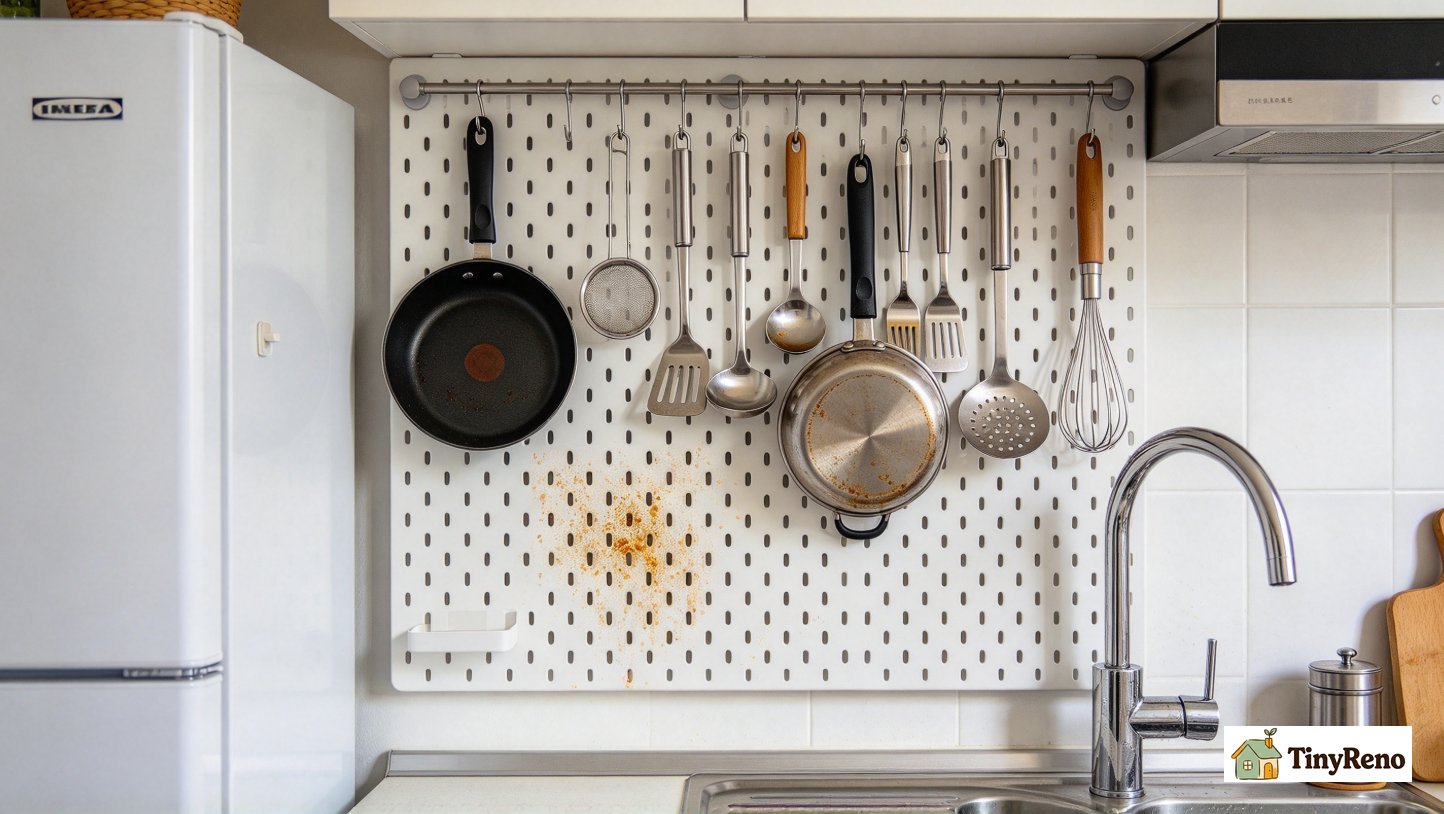 An IKEA pegboard with 6 stainless hooks installed on a kitchen wall holding spatulas and wooden spoons, soft warm light, off-white wall.