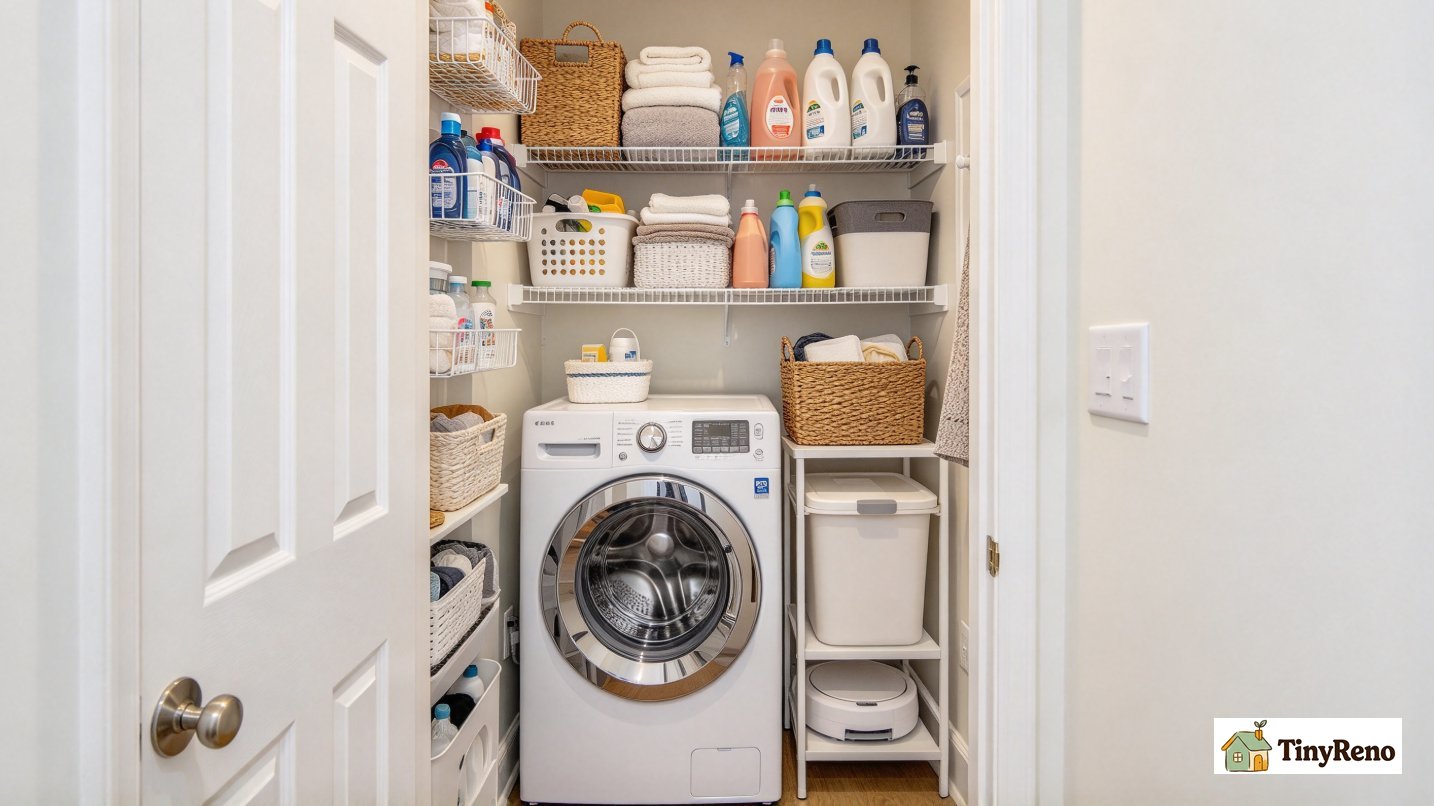 Complete rental laundry nook setup combining all six accessories inside narrow hallway closet, organized, renter-friendly with no wall drilling