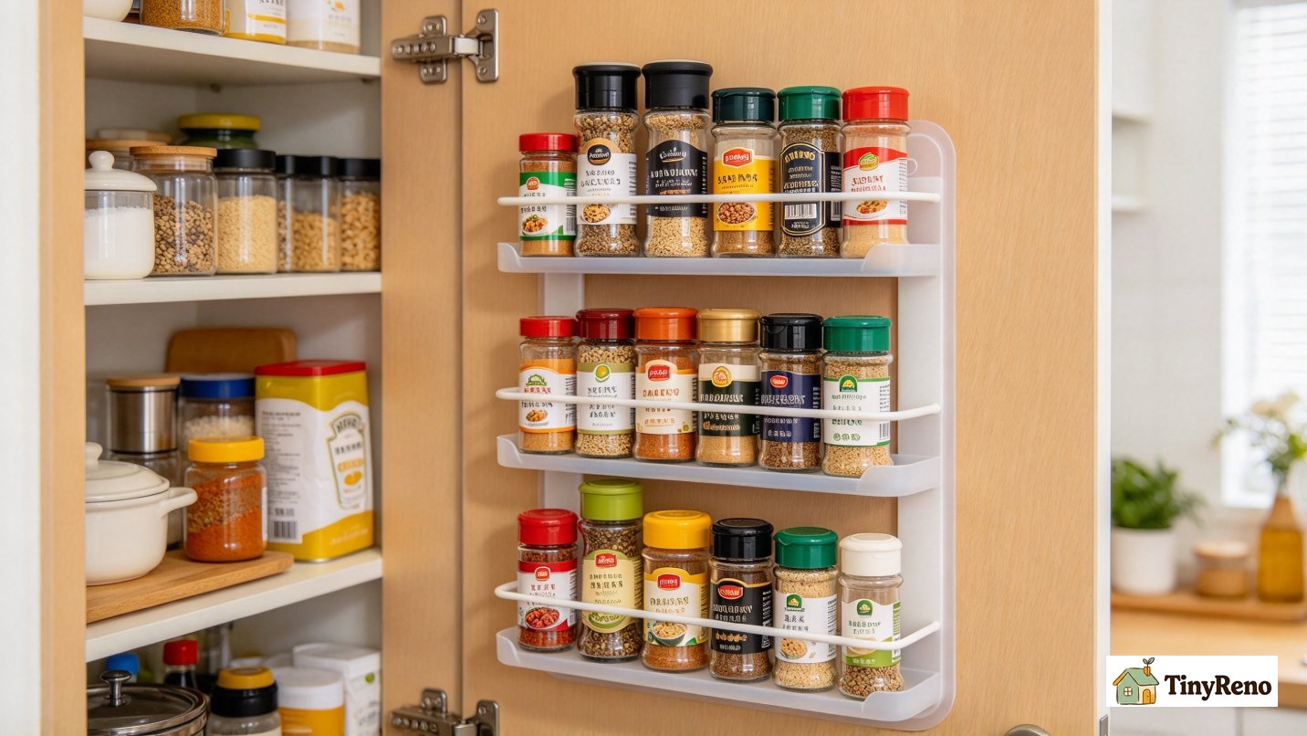 Adhesive silicone gel mounted spice rack on inside of pantry door, holding daily-use spices, no drill holes on door surface