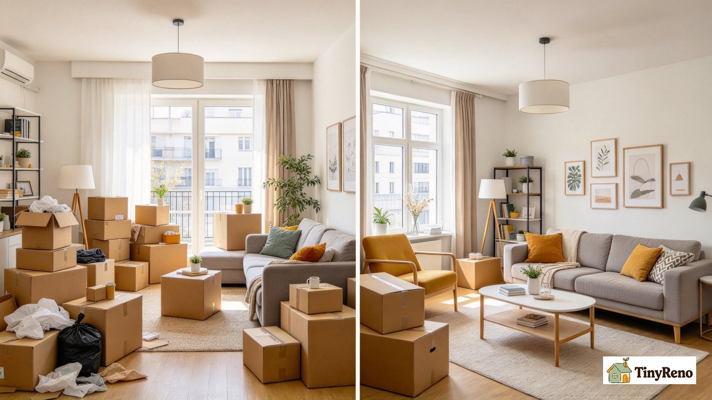 Side-by-side comparison shot, left: messy apartment full of unopened moving boxes; right: same room fully unpacked and functional after service