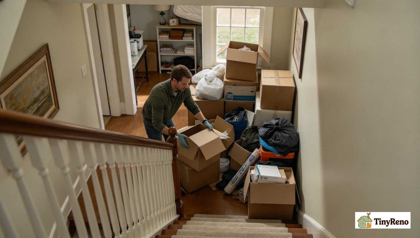 Renter clearing boxes and clutter off stair landing, preparing empty stairwell before moving mattress