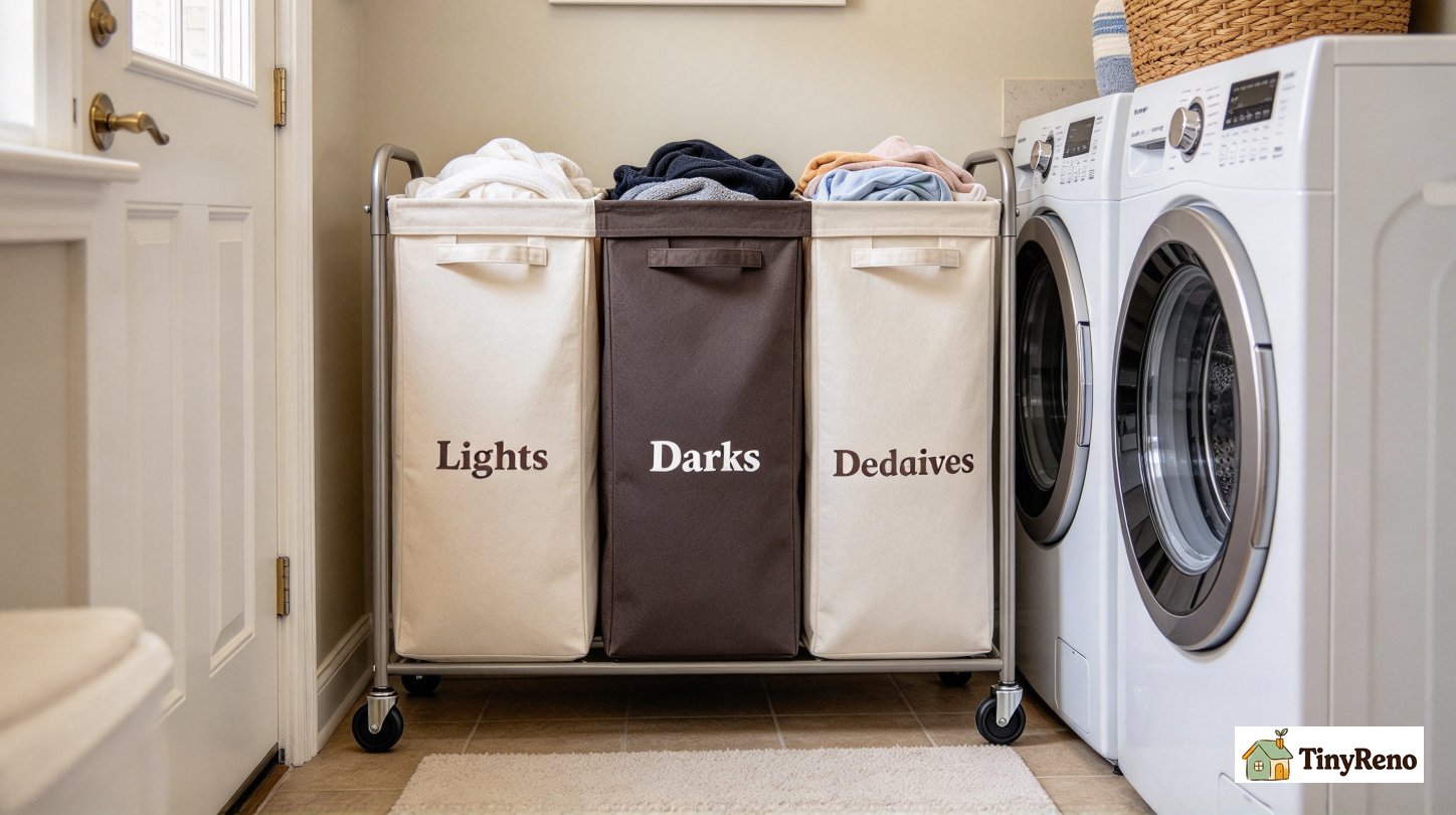 Wheeled 3-section canvas laundry sorter hamper, separate compartments for lights, darks and delicates inside basement shared laundry room