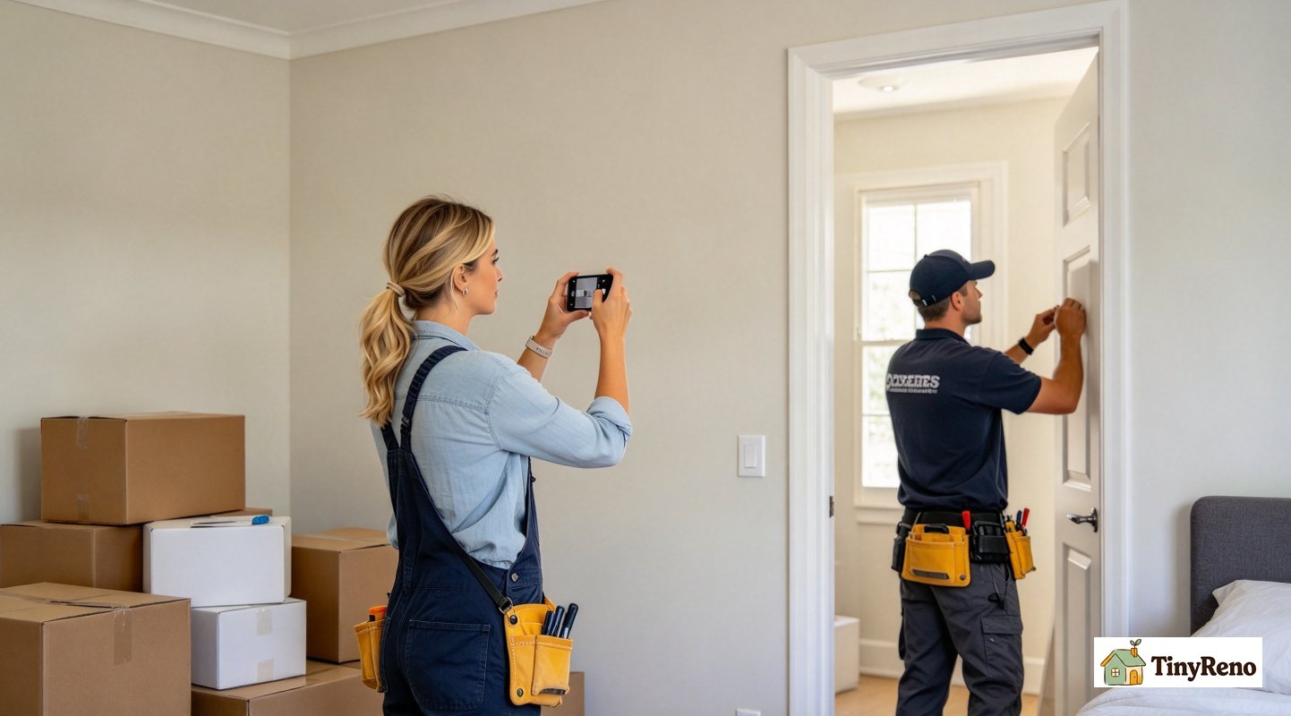 Woman taking phone photos of apartment walls and bedroom door before unpacking crew starts work, documenting pre-move condition