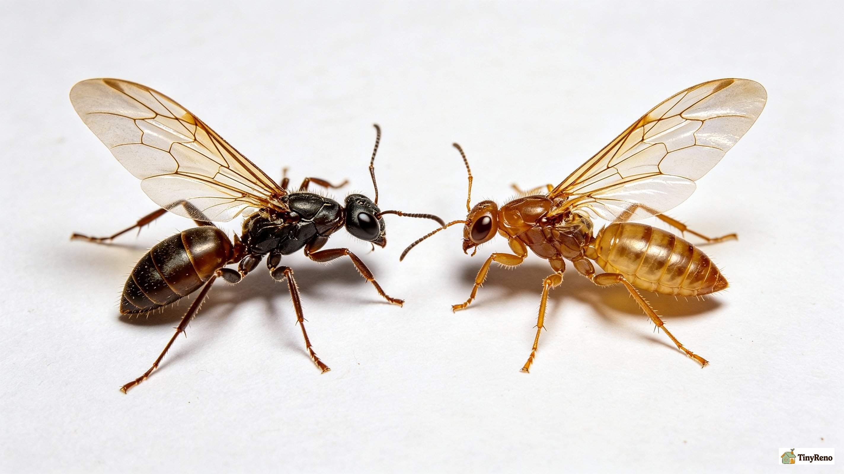 A winged termite and a winged carpenter ant compared on a kitchen counter for renter identification