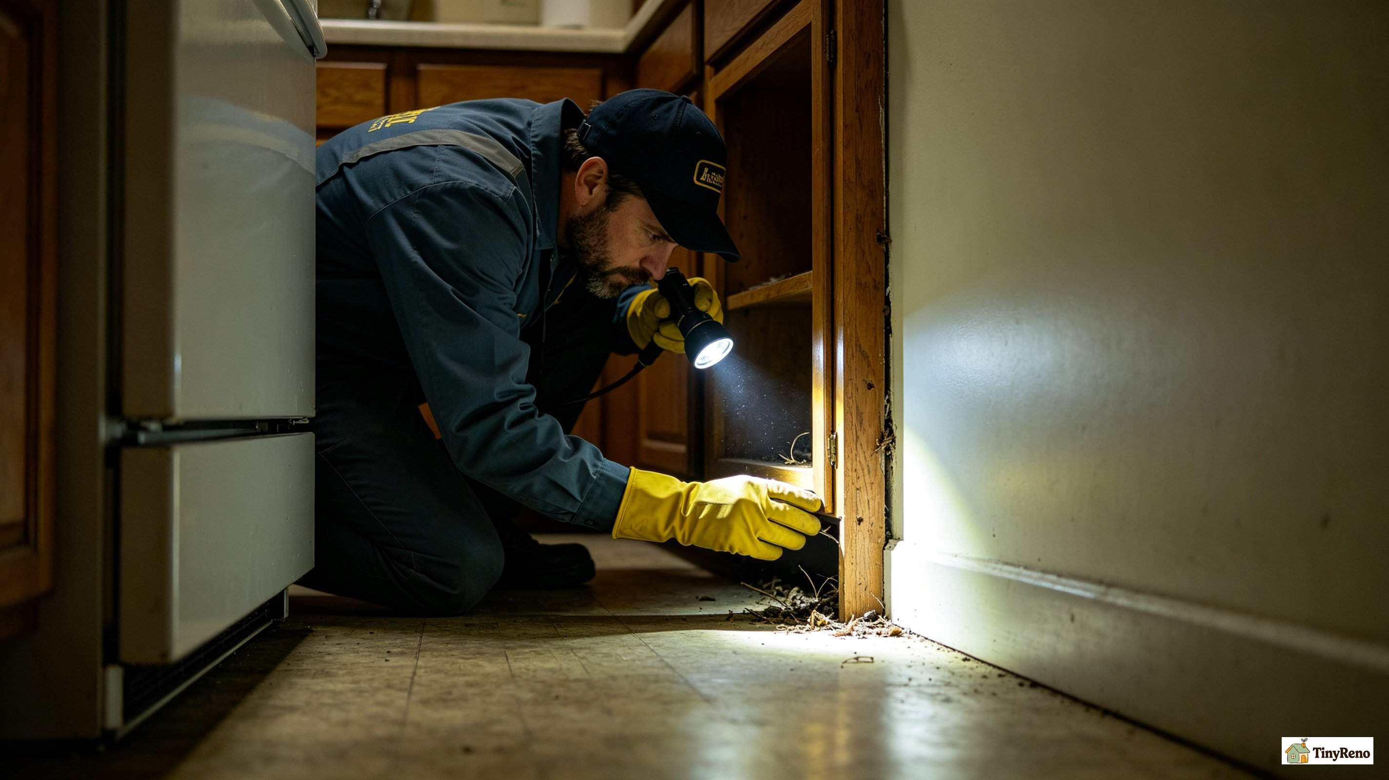 Exterminator inspecting wooden cabinet frame behind refrigerator, flashlight shining into wall gap, checking for hidden pest colony