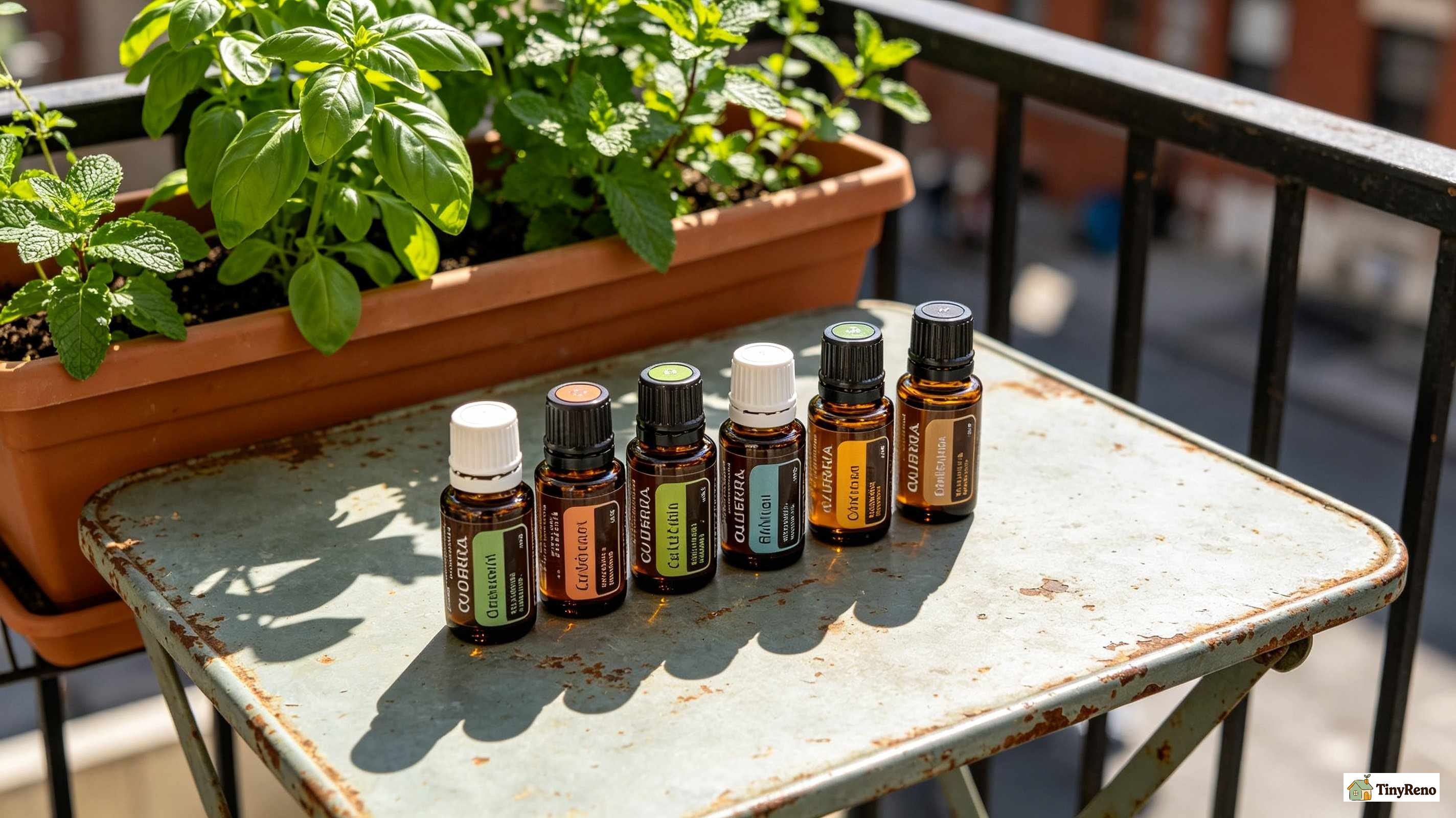 A renter's six essential oil bottles on a kitchen counter after a failed summer of bee repellent attempts