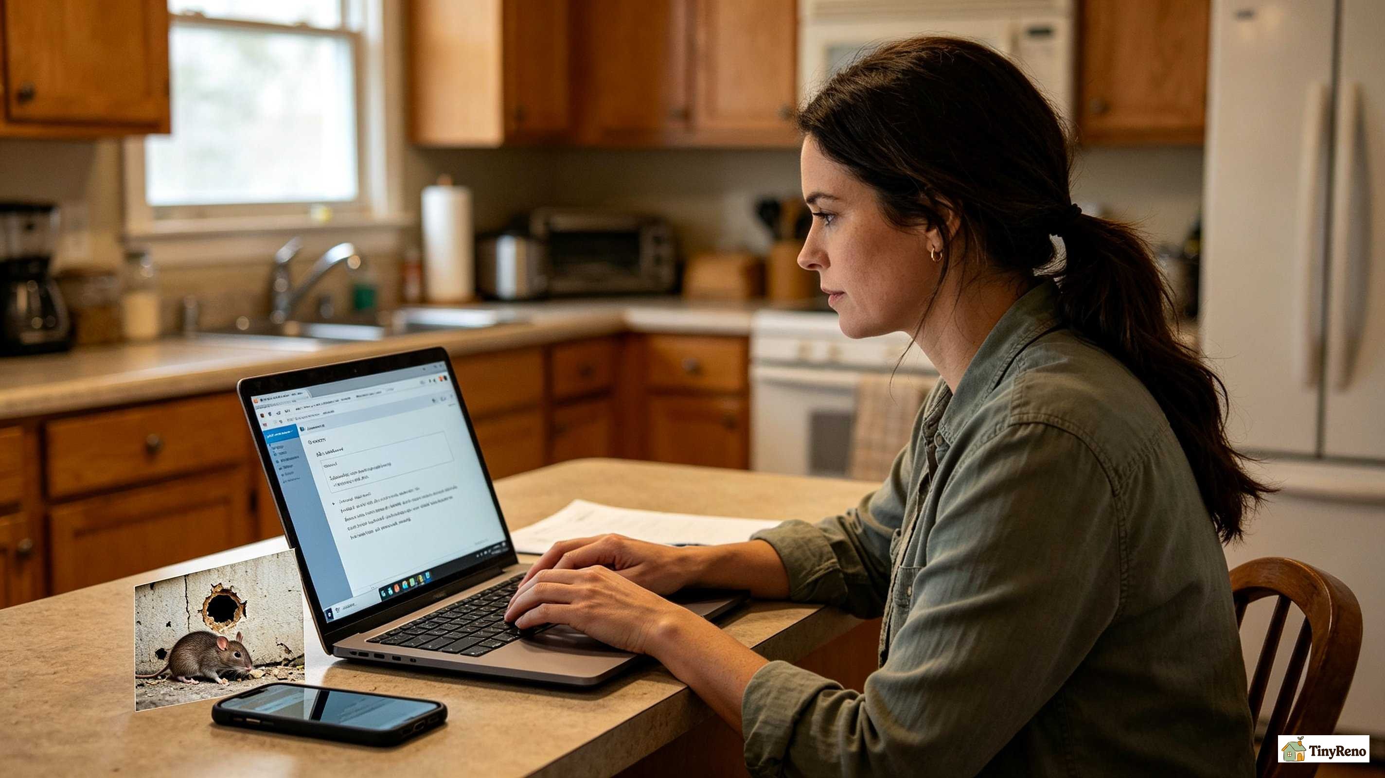 A renter's laptop showing a first-step email draft to a landlord with photos and dates to document a rat problem