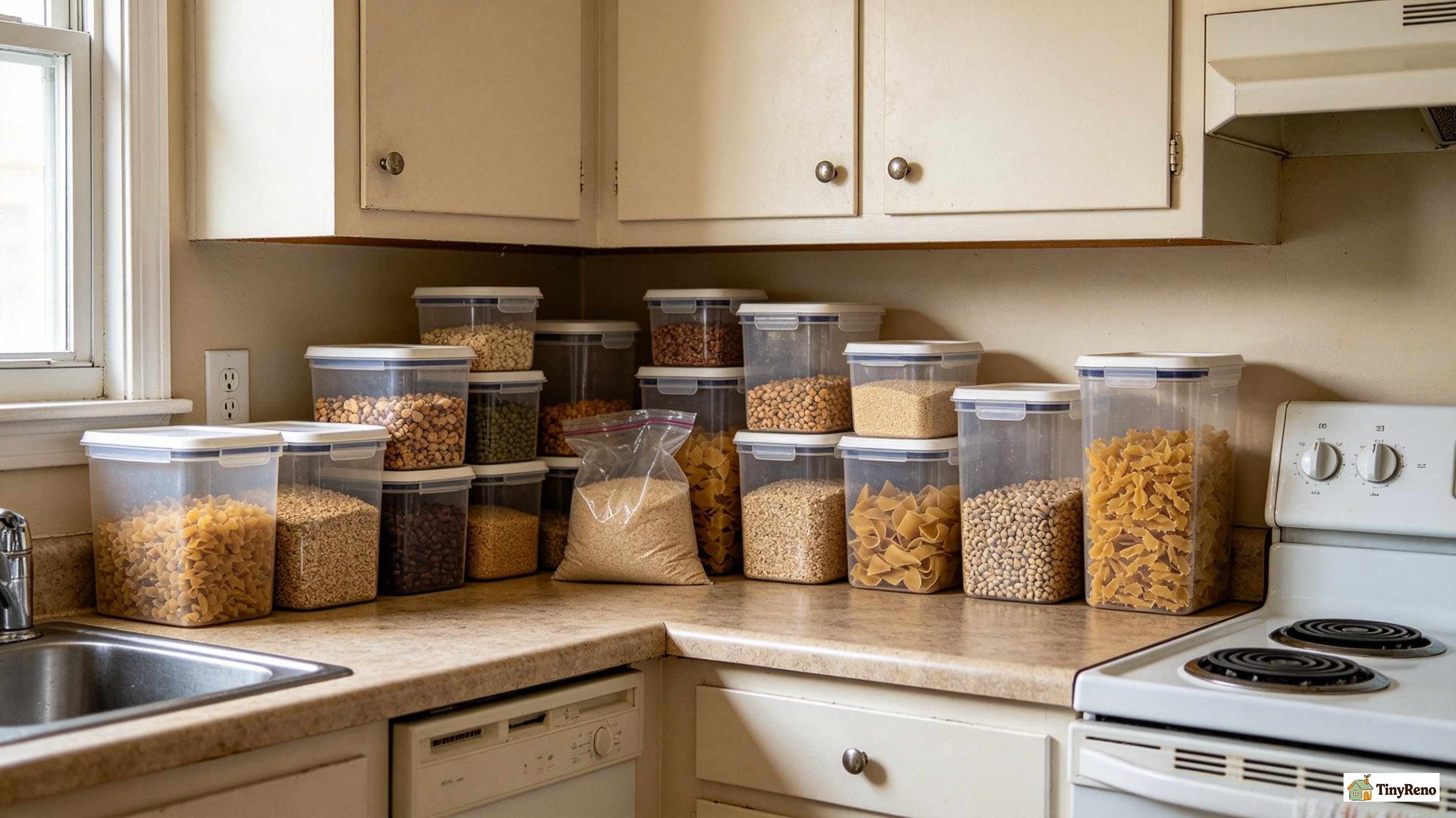Tidy sealed kitchen pantry, all dry food stored inside airtight plastic containers, no open pasta or grain bags on countertops, post pest cleanup