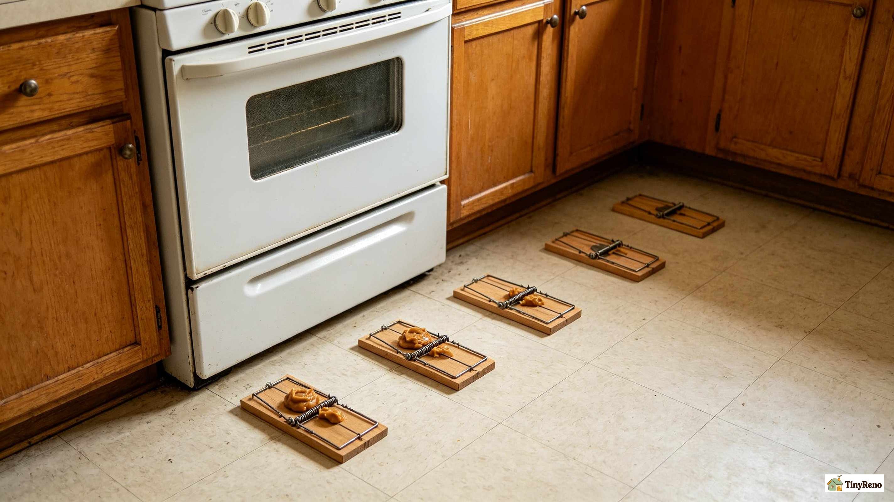 A row of untouched snap traps with peanut butter bait still in place after a week in a rental apartment