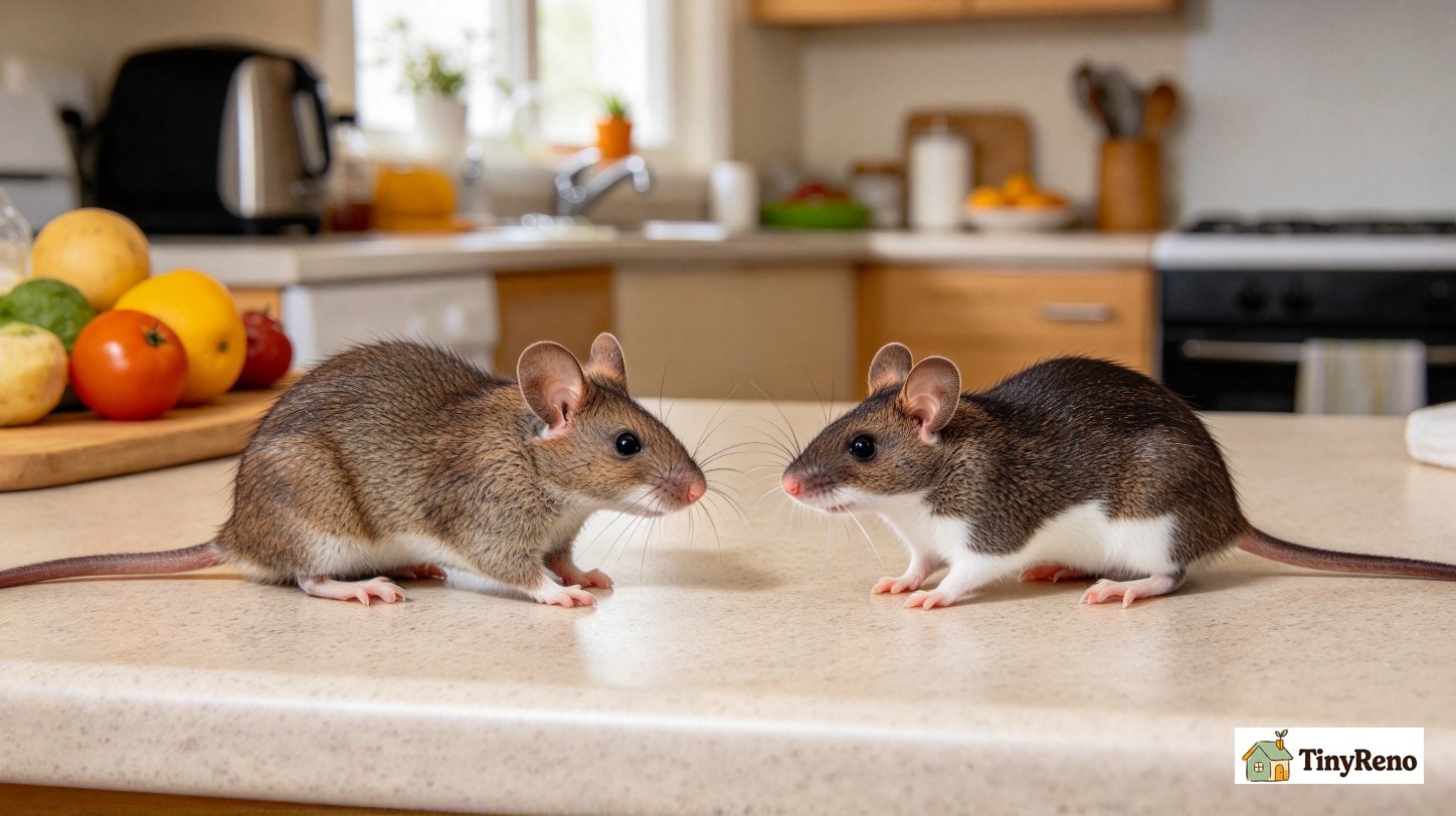 A house mouse and a deer mouse side by side to identify the white belly and tail length differences