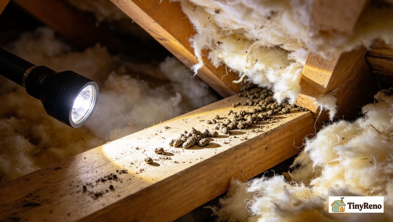 A landlord's flashlight shining into a dark attic to identify rat droppings near a rafter