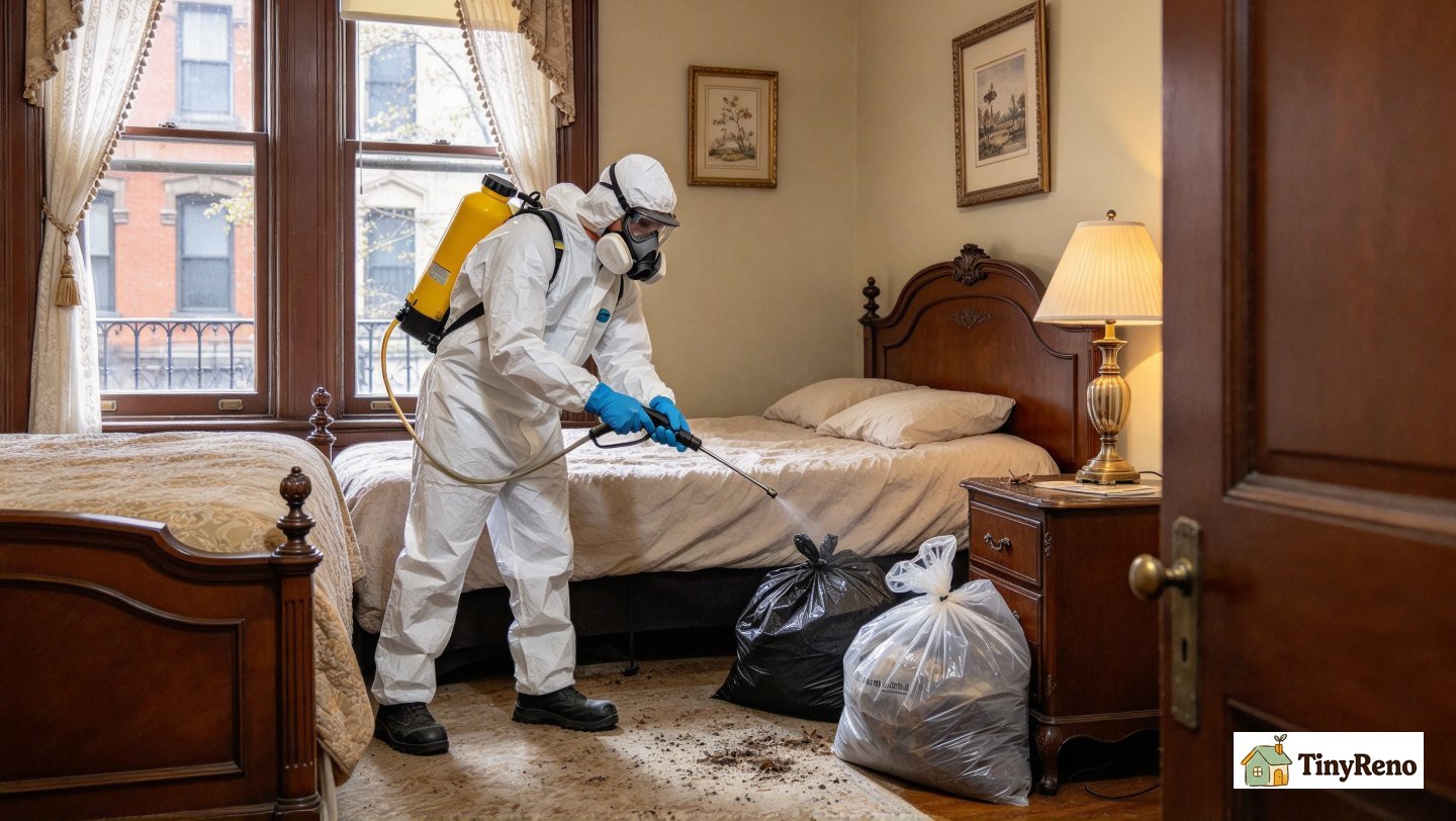 A hazmat crew in Tyvek suits cleaning a back bedroom after a deer mouse infestation