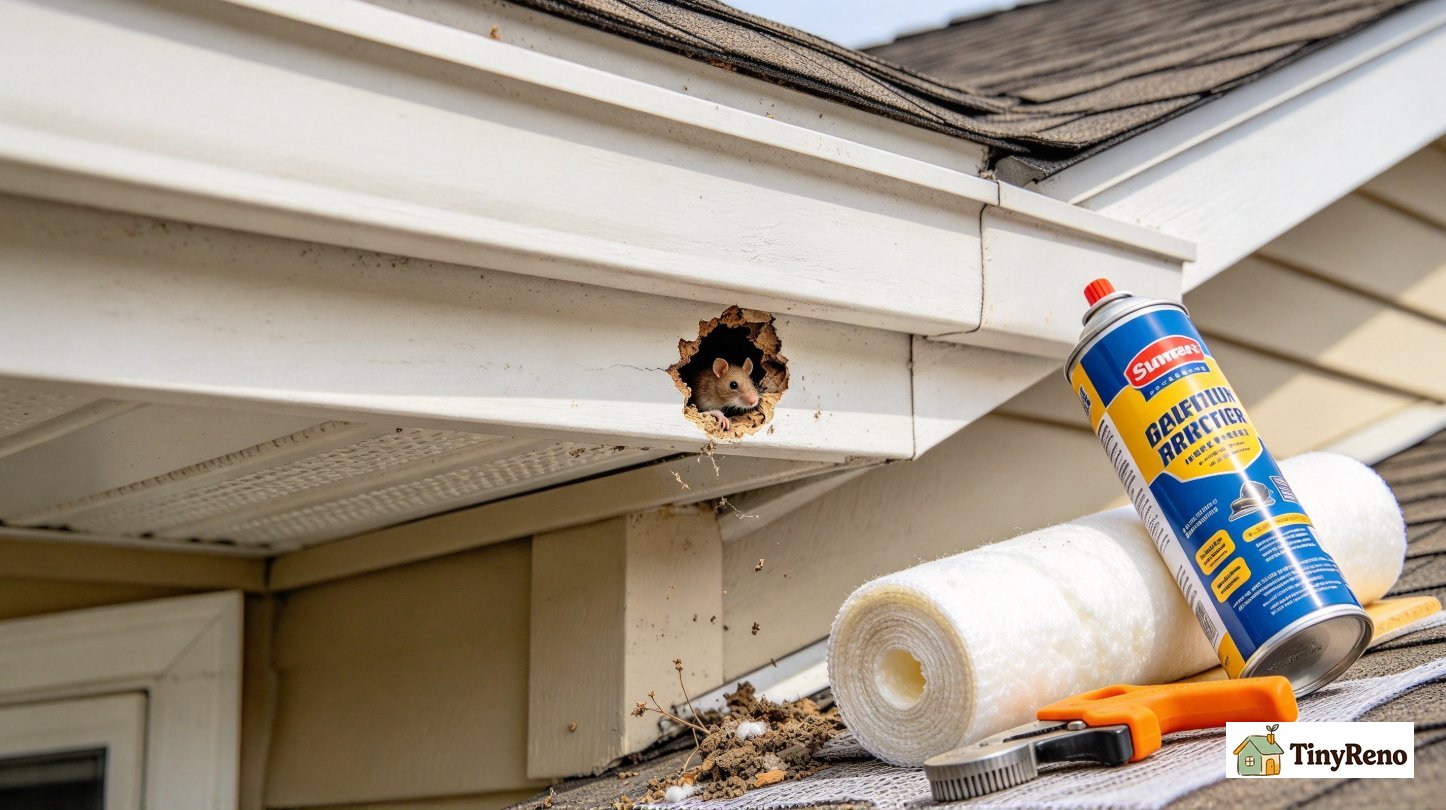 Exterior house soffit view, a quarter-sized hole at the edge of roof overhang, the entry point rats used to get into the attic. Maintenance hardware cloth and spray foam sitting nearby