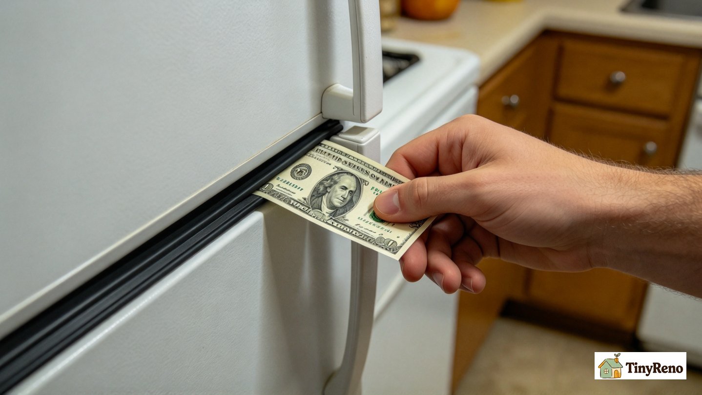 A refrigerator door gasket being tested with a dollar bill to identify a broken seal on the appliance