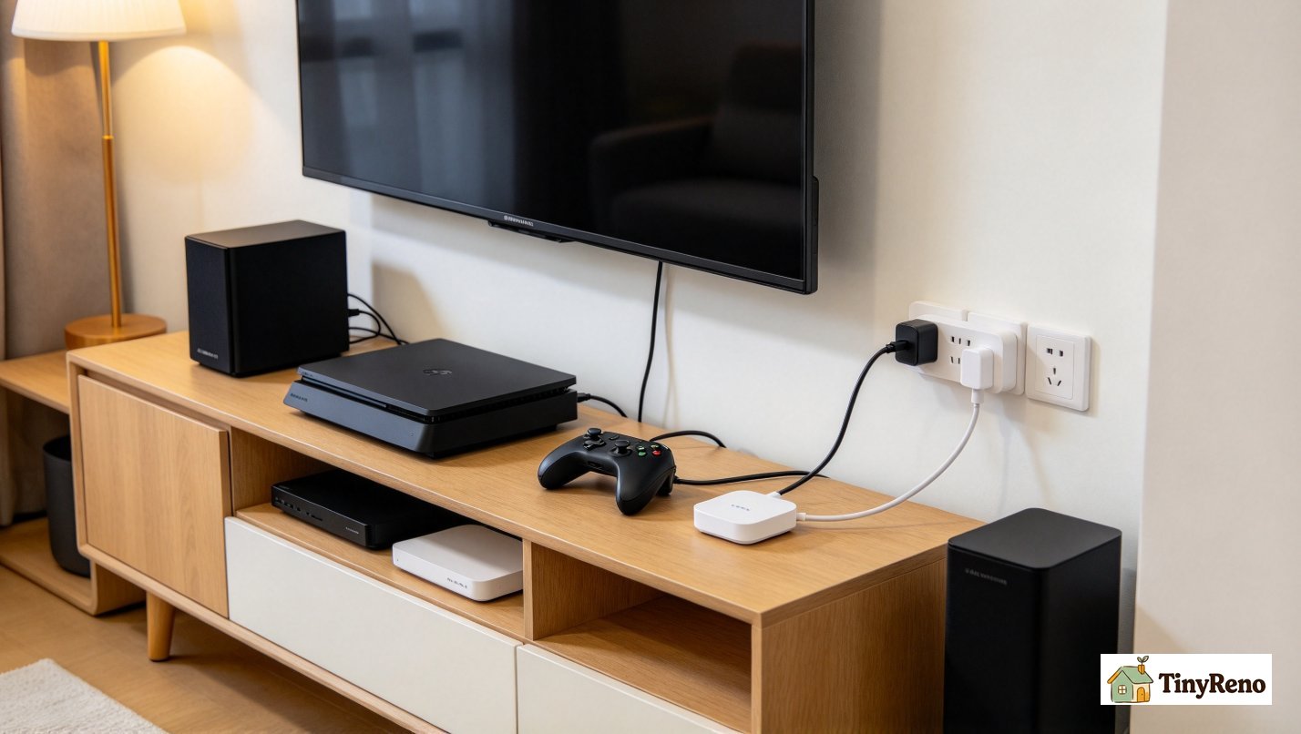 A renter installing a smart power strip in a living room to identify and reduce standby power