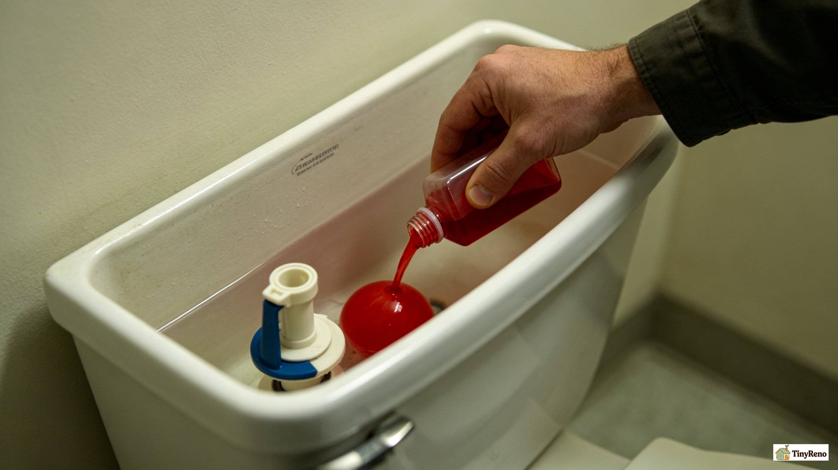 A toilet flapper being tested with food coloring in the tank to identify a leak before doing any repair
