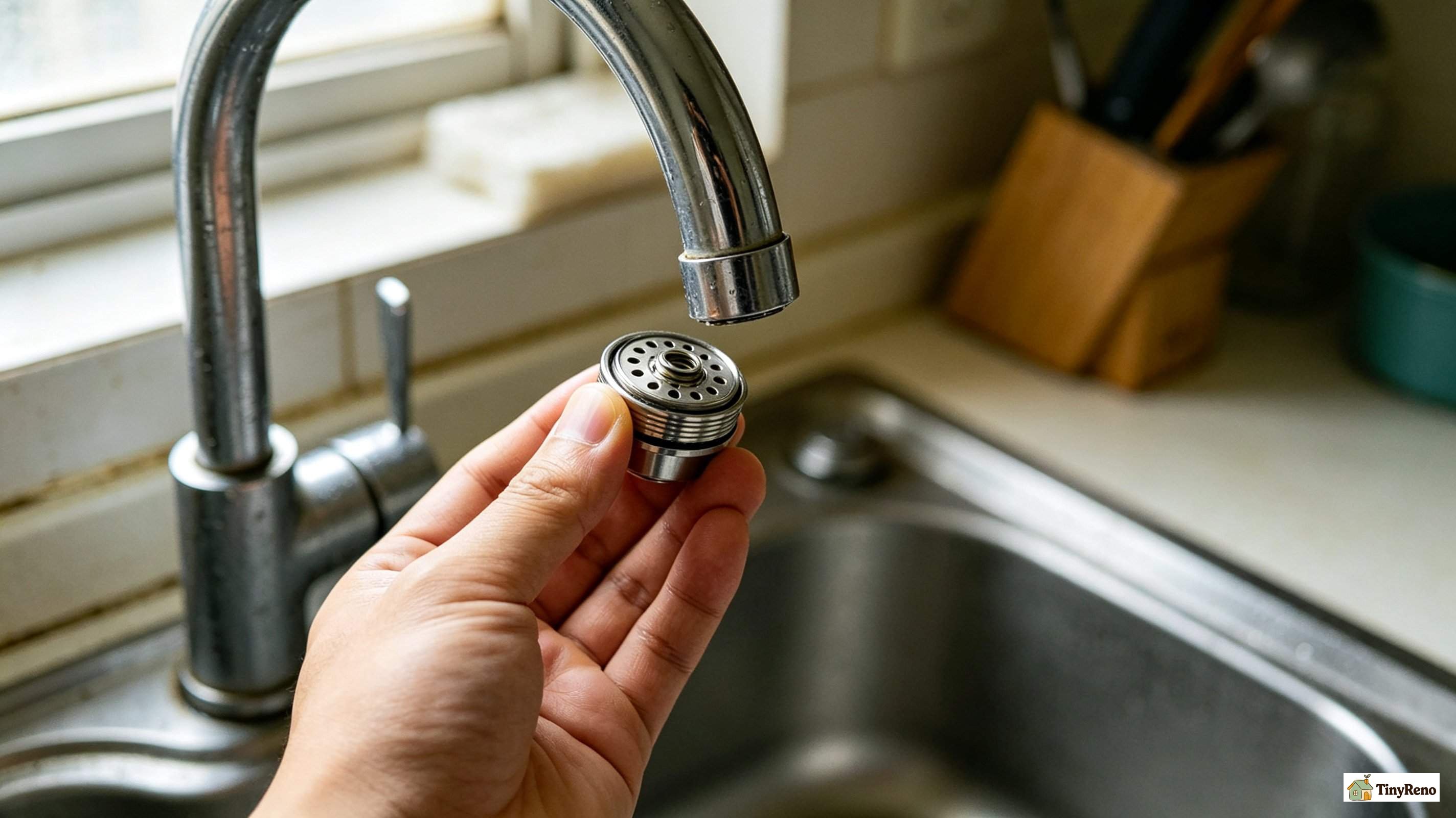 Close-up of a hand unscrewing the small metal faucet aerator from kitchen sink spout, preparing to rinse debris.