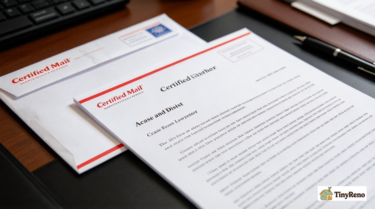 Attorney cease-and-desist letter and certified mail envelope sent to noisy downstairs neighbor