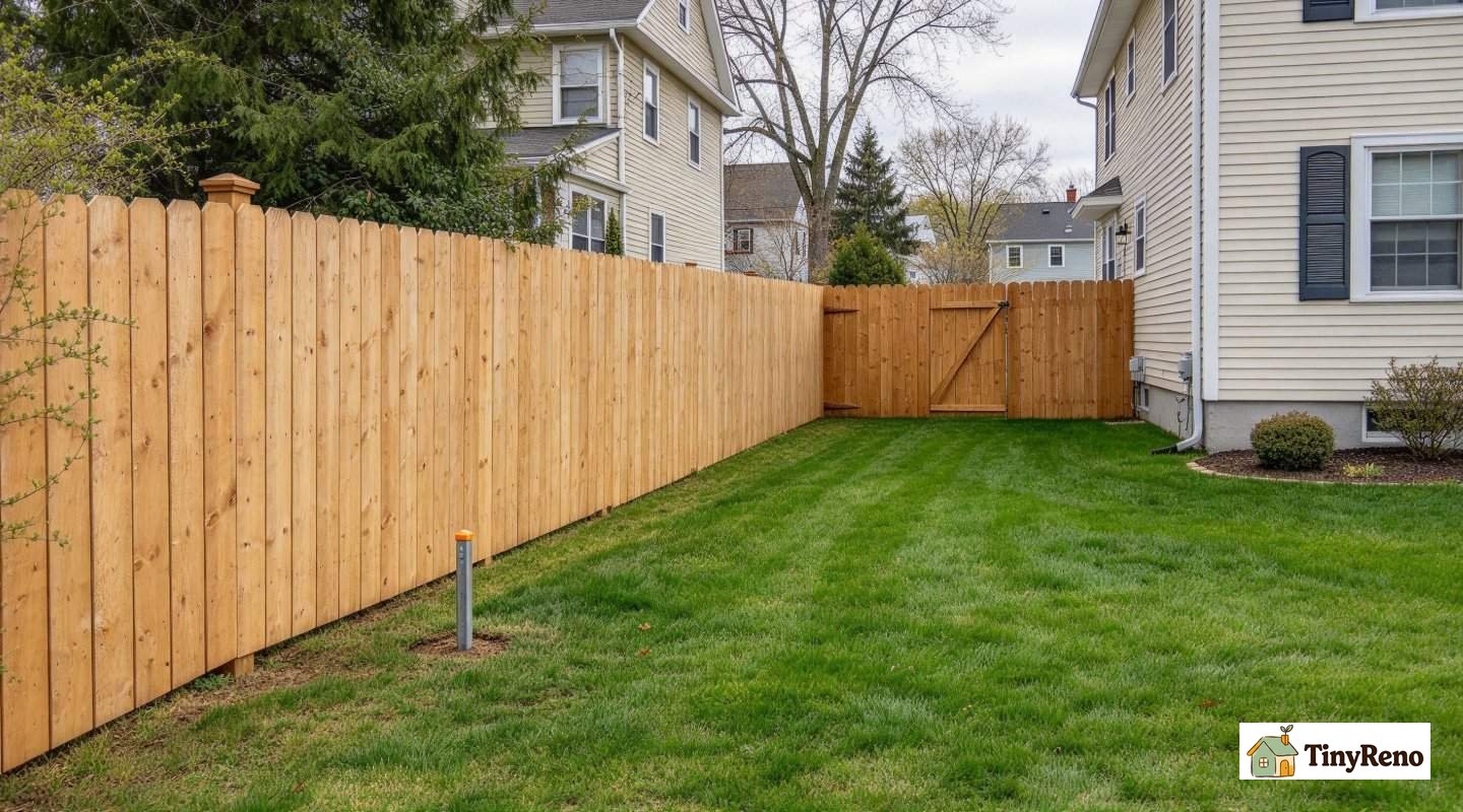 Final wide shot of the finished fence, now fully placed on neighbor’s side of the property line, survey stake visible, clean lawn boundary, peaceful suburban yard.