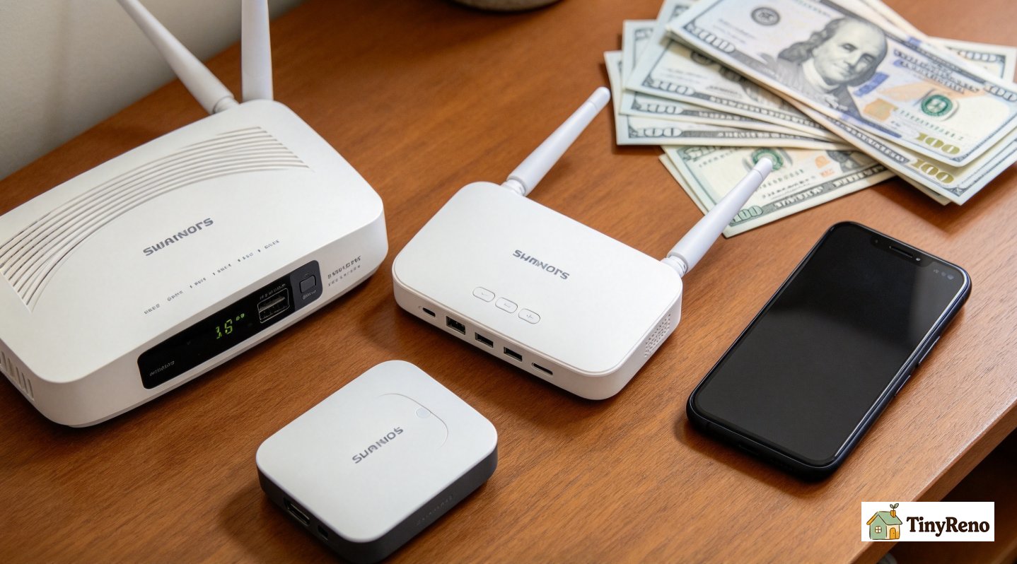 Overhead flat lay, three internet devices side by side: satellite router, mobile hotspot, smartphone, on wooden table.