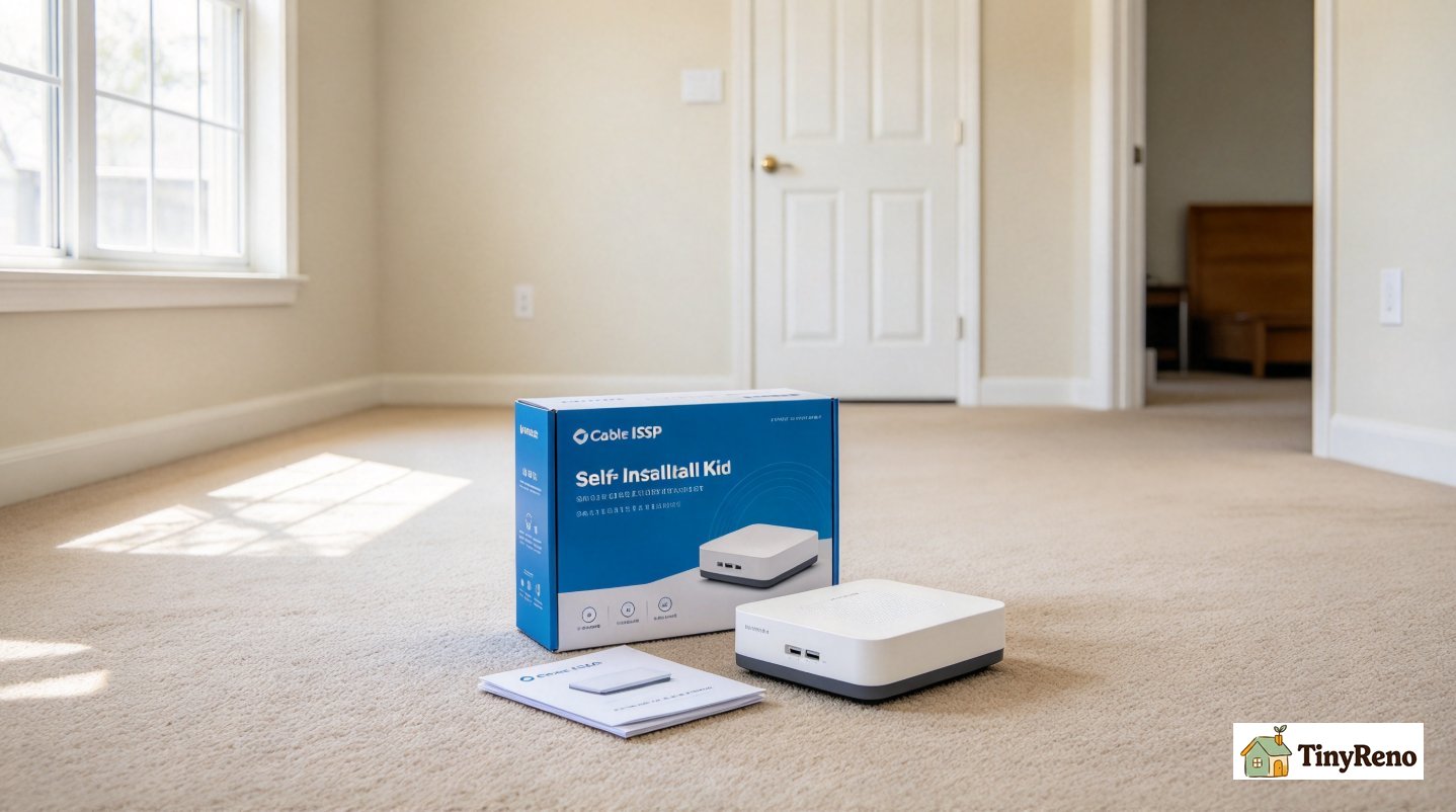 tech install kit (cable modem self-install box) on apartment floor, ready for plug-and-play broadband setup.