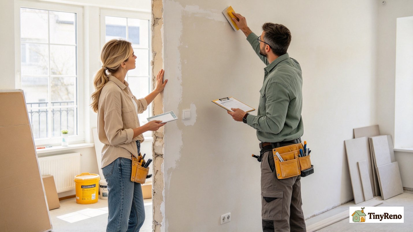 Woman standing with landlord inspecting finished repaired wall, smooth invisible patch on drywall, checking wall condition for move-out security deposit inspection