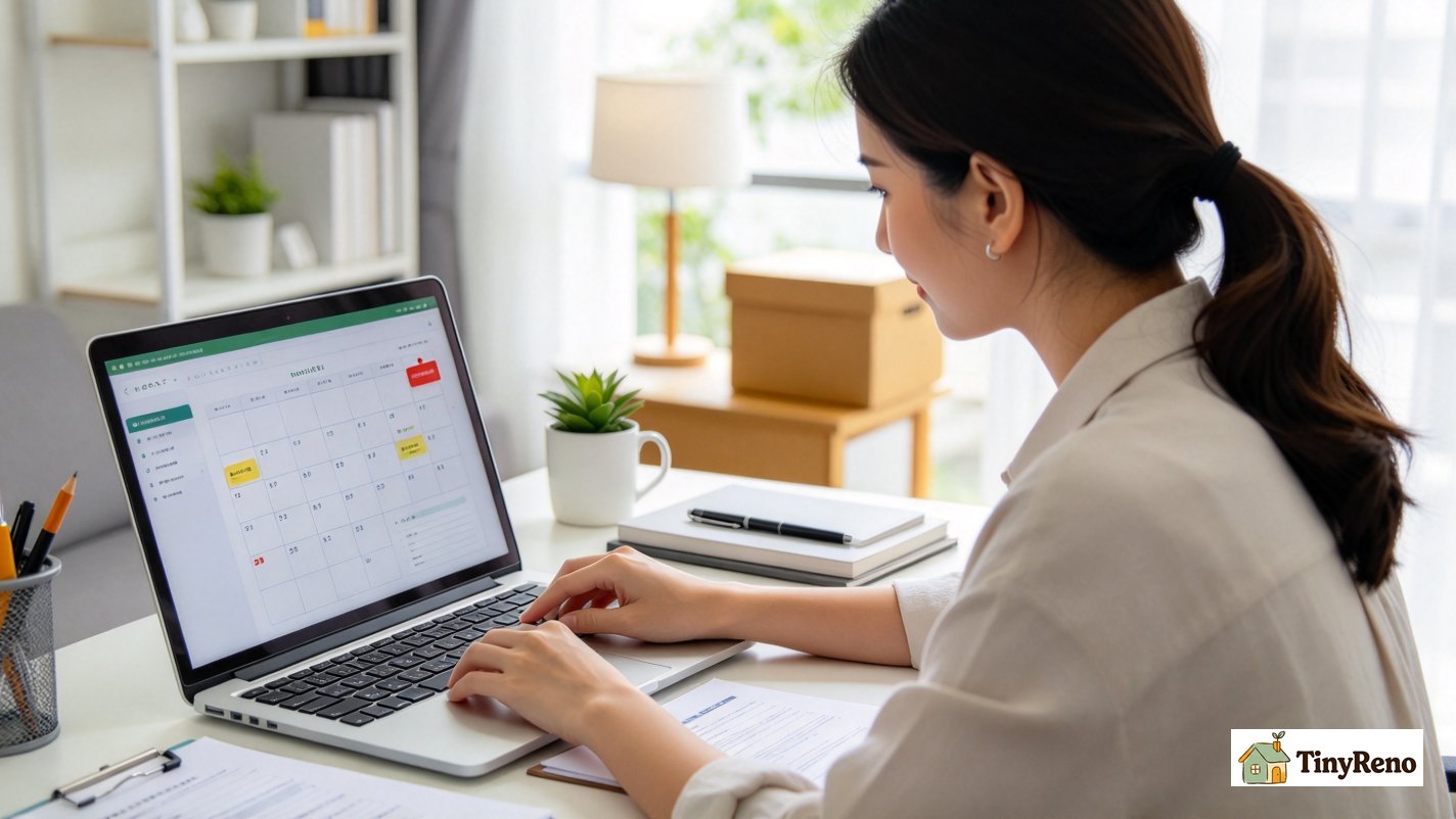Woman on laptop calendar app, setting reminder 11 months out to re-shop electricity rates before fixed supplier contract expires