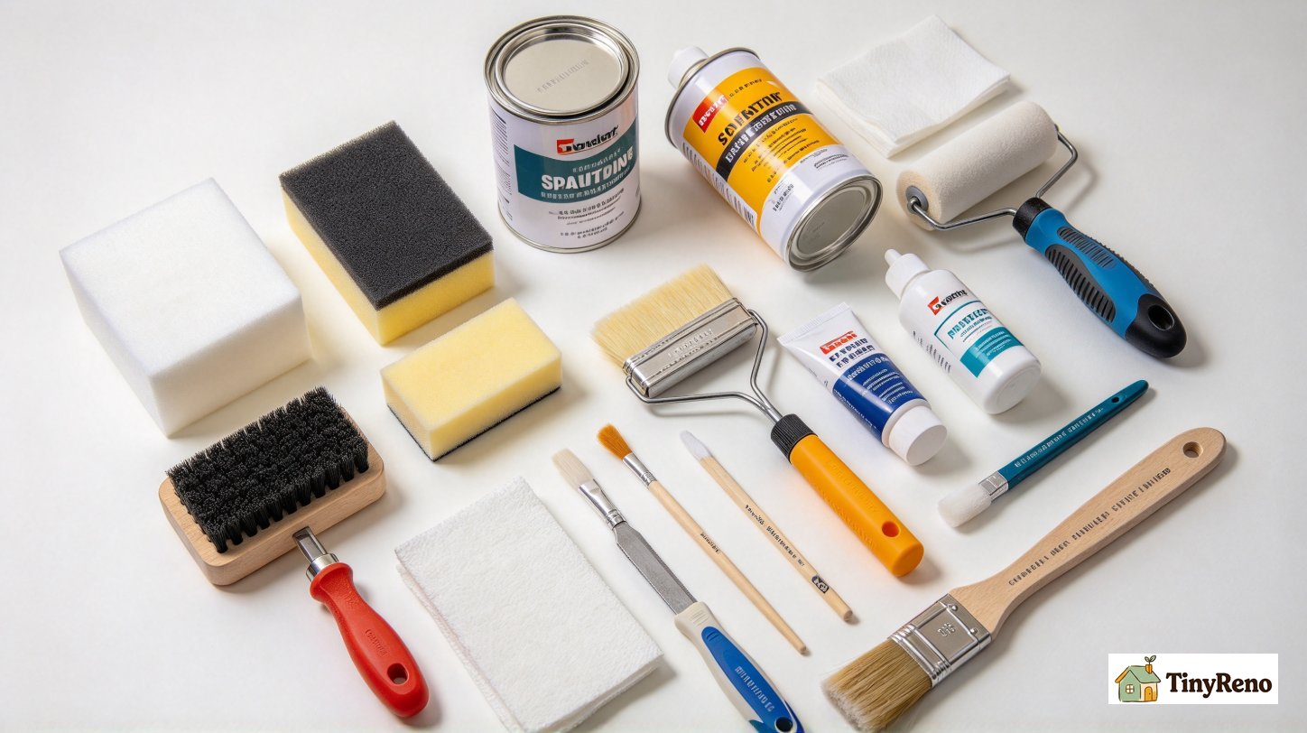 Overhead flat lay on wooden floor: putty knife, tub of spackle, foam brush set, 8oz matched paint sample, 220-grit sandpaper, all rental wall repair supplies