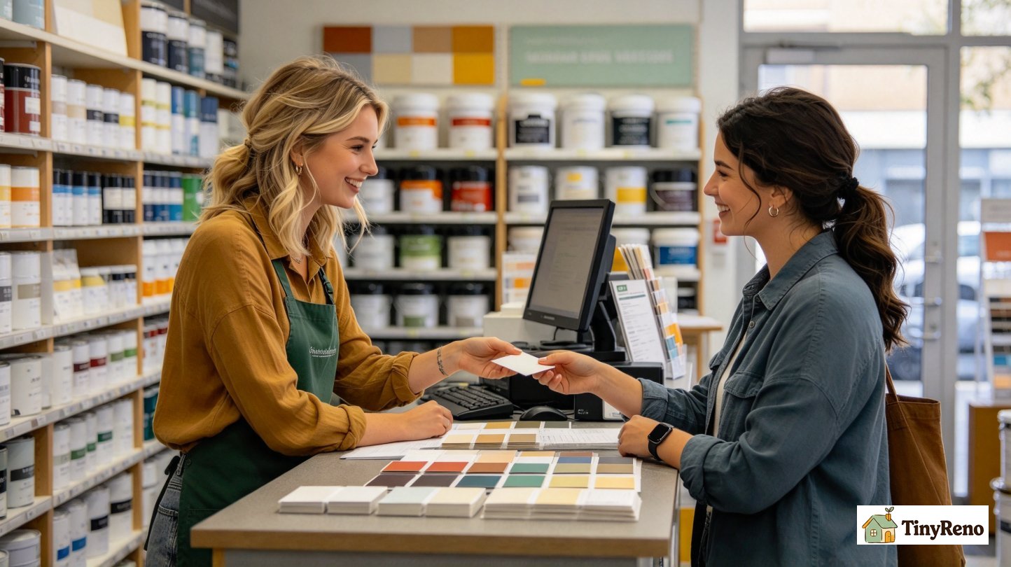 Woman handing small paint chip sample to shop clerk at paint store for free color matching, matching wall paint for rental touch-up