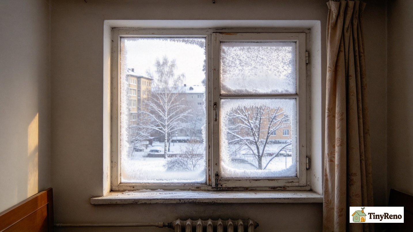 Old single-pane apartment window on cold winter day, showing drafty glass, visual demonstration of structural energy waste for renters