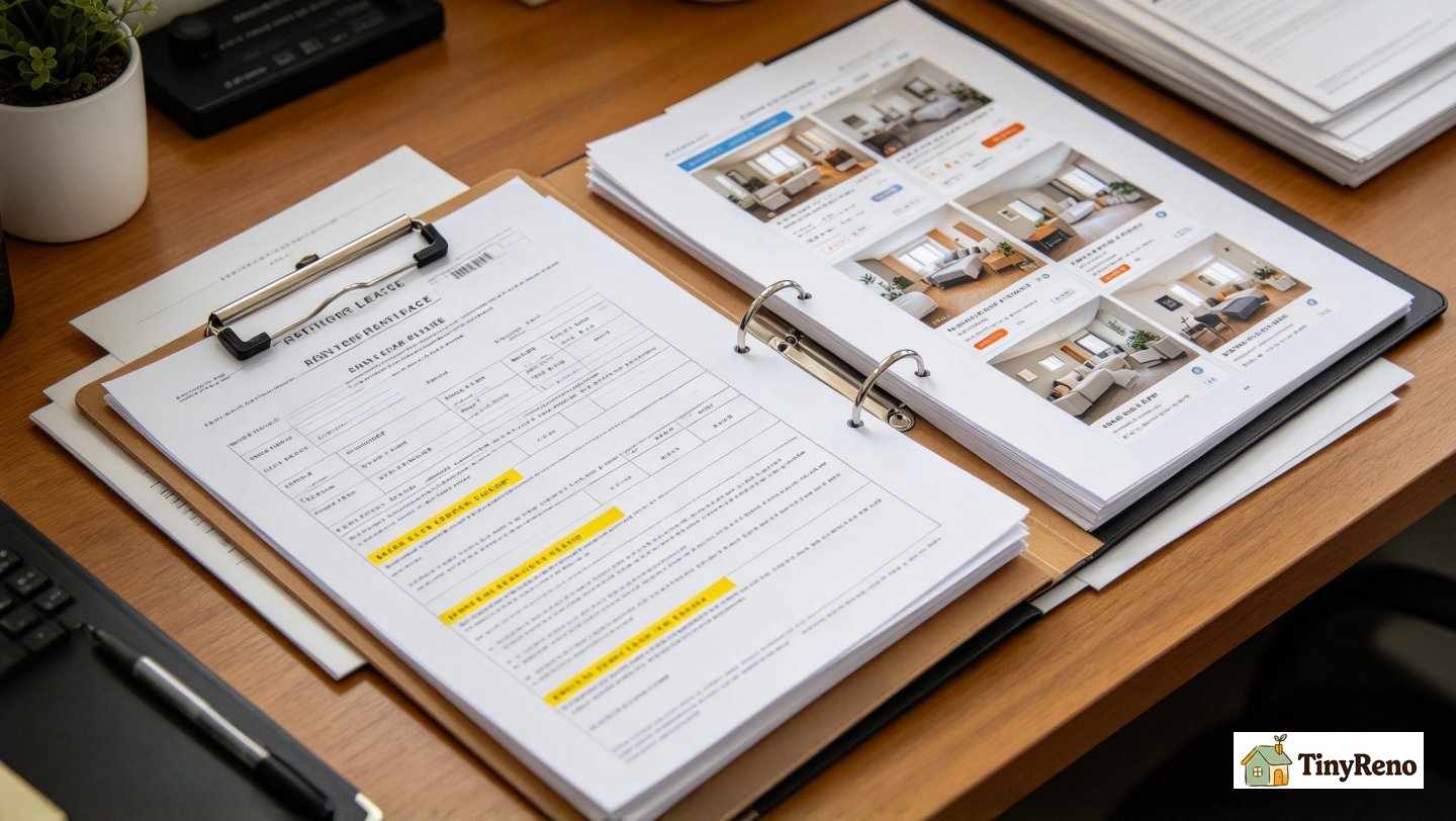 Manila folder on wooden table, inside contains rent payment history screenshots, comparable apartment listing printouts, highlighted lease copy, organized evidence for rent negotiation