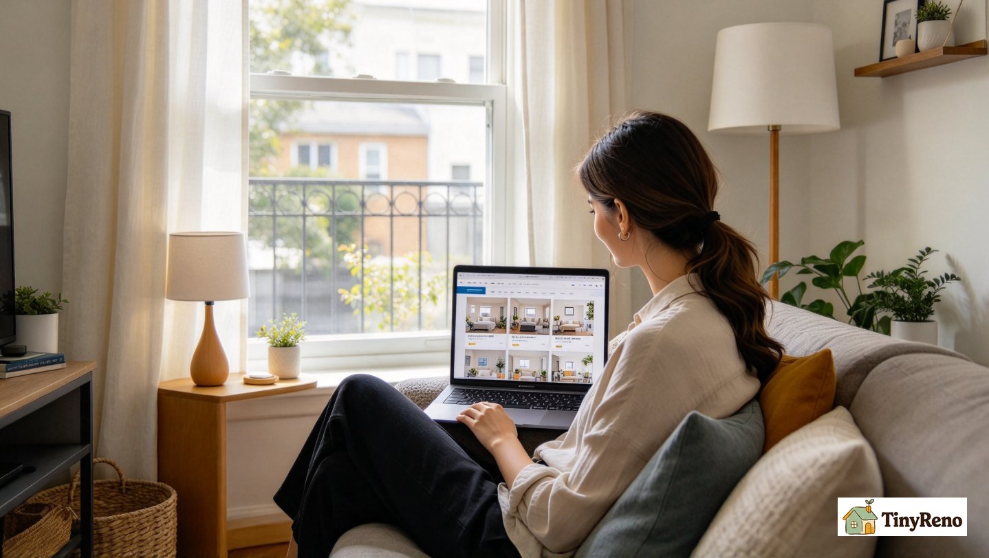 Woman browsing apartment rental listings on laptop screen, comparing current unit rent price to similar available units in same zip code