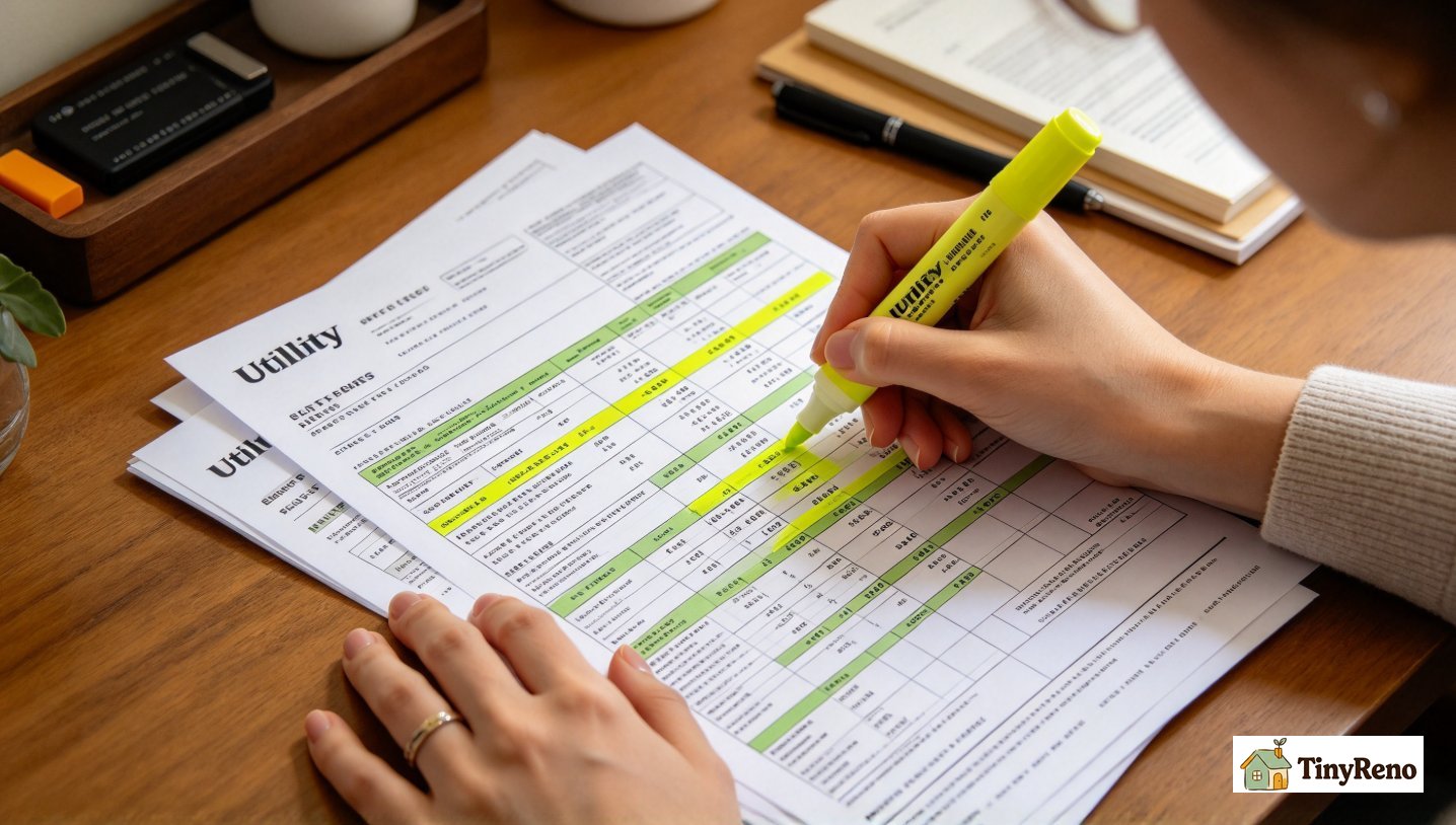 Close shot of printed electric bill spread on table, woman highlighting supply charge, delivery & distribution fees with yellow highlighter