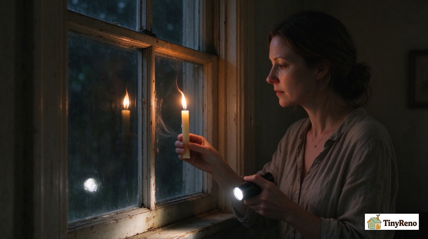 Renter performing simple candle flame test to find hidden air drafts around window frame and sash gaps