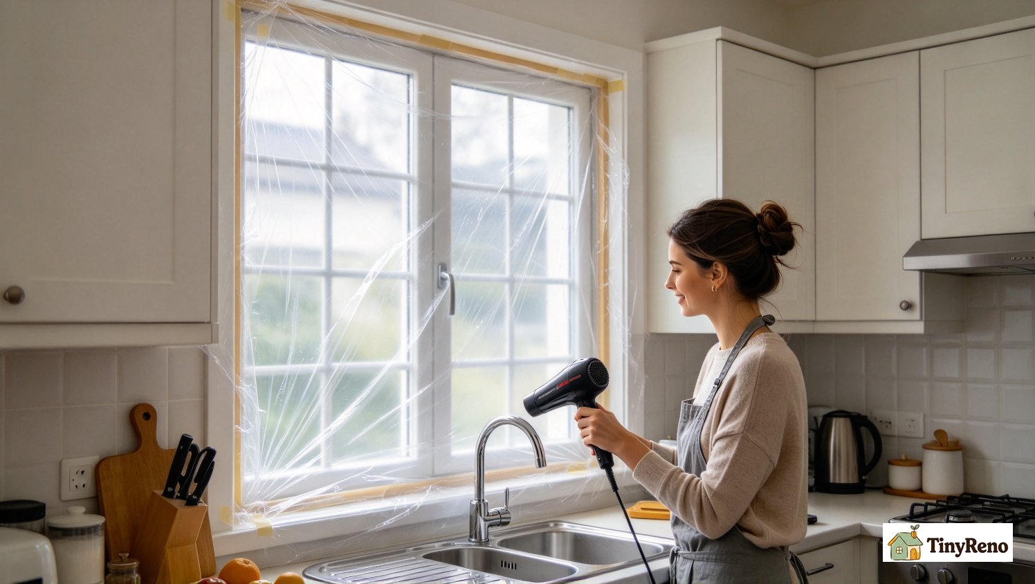 Renter applying shrink wrap window insulation kit with hair dryer, renter-safe reversible winter draft fix for single-pane window