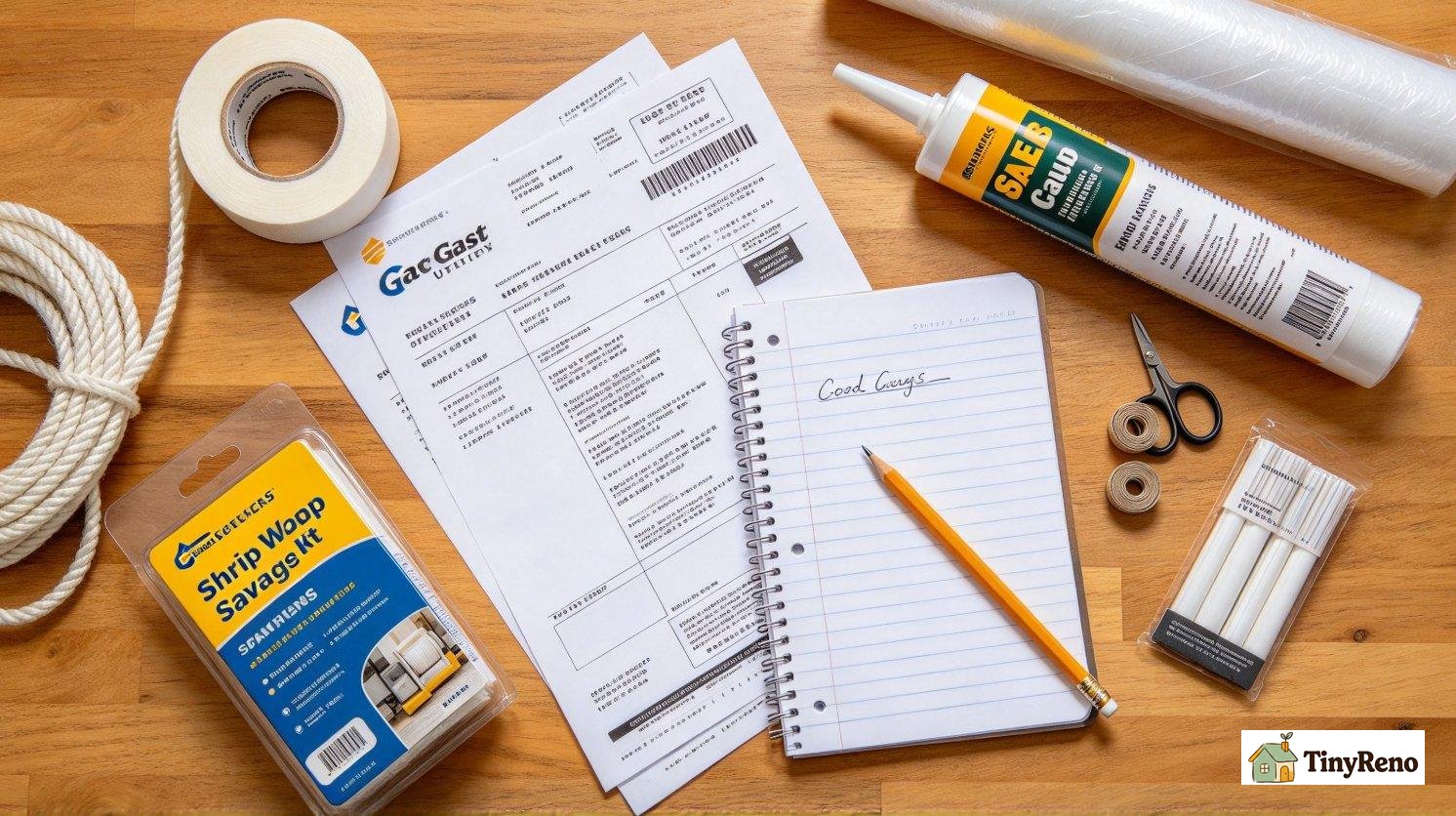 Flat lay of winter gas heating bills and window sealing supplies, showing reduced heating cost after draft repairs