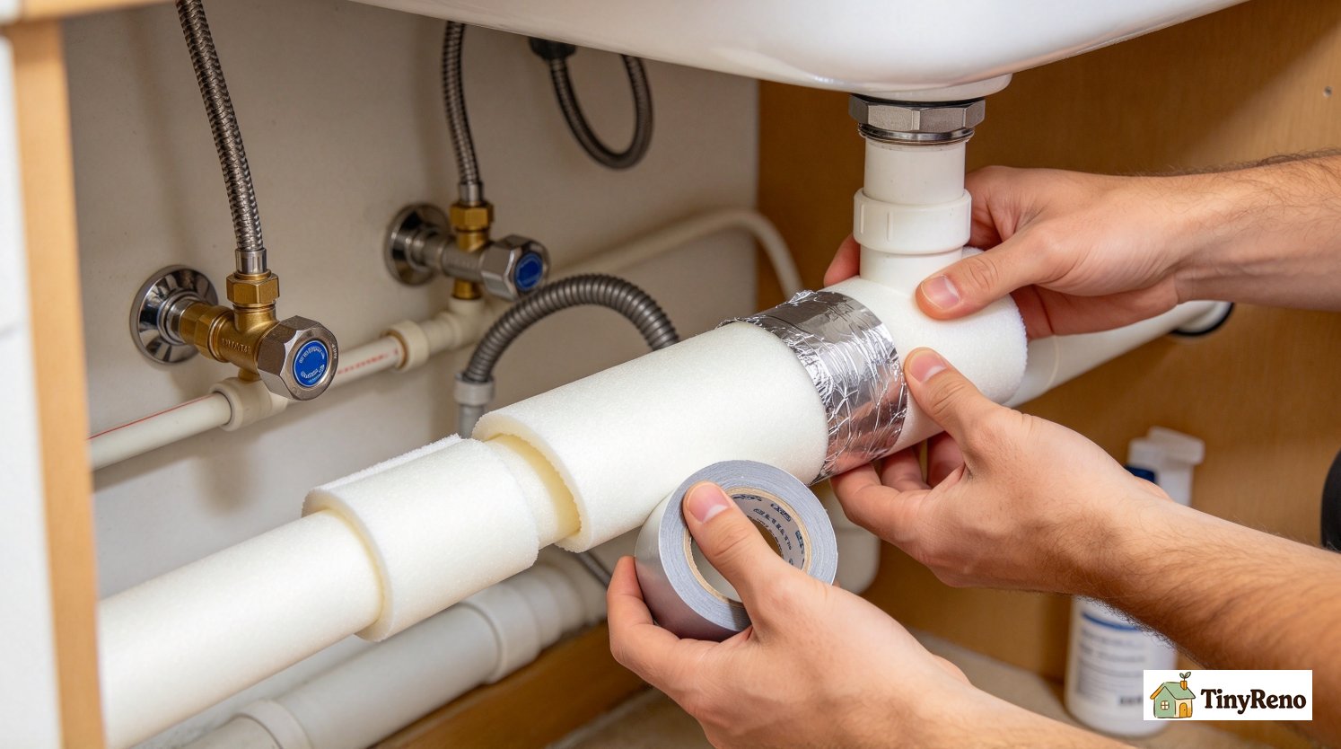 Foam pipe insulation being slid over a kitchen sink pipe, with a foam tube and foil tape on the counter, soft warm light, no people.