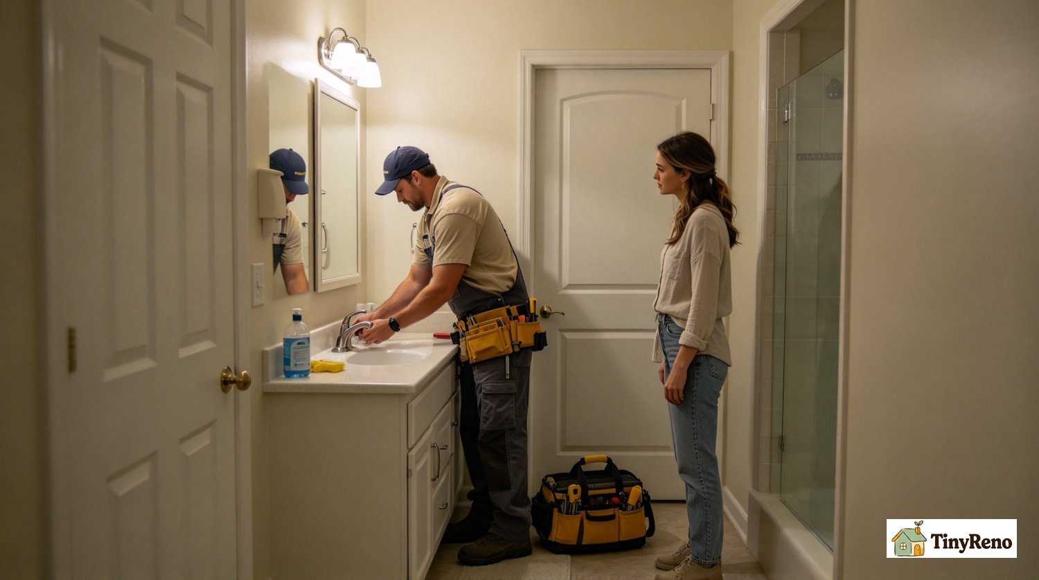 Licensed plumber performing faucet repair inside rental bathroom during scheduled landlord entry visit with valid notice