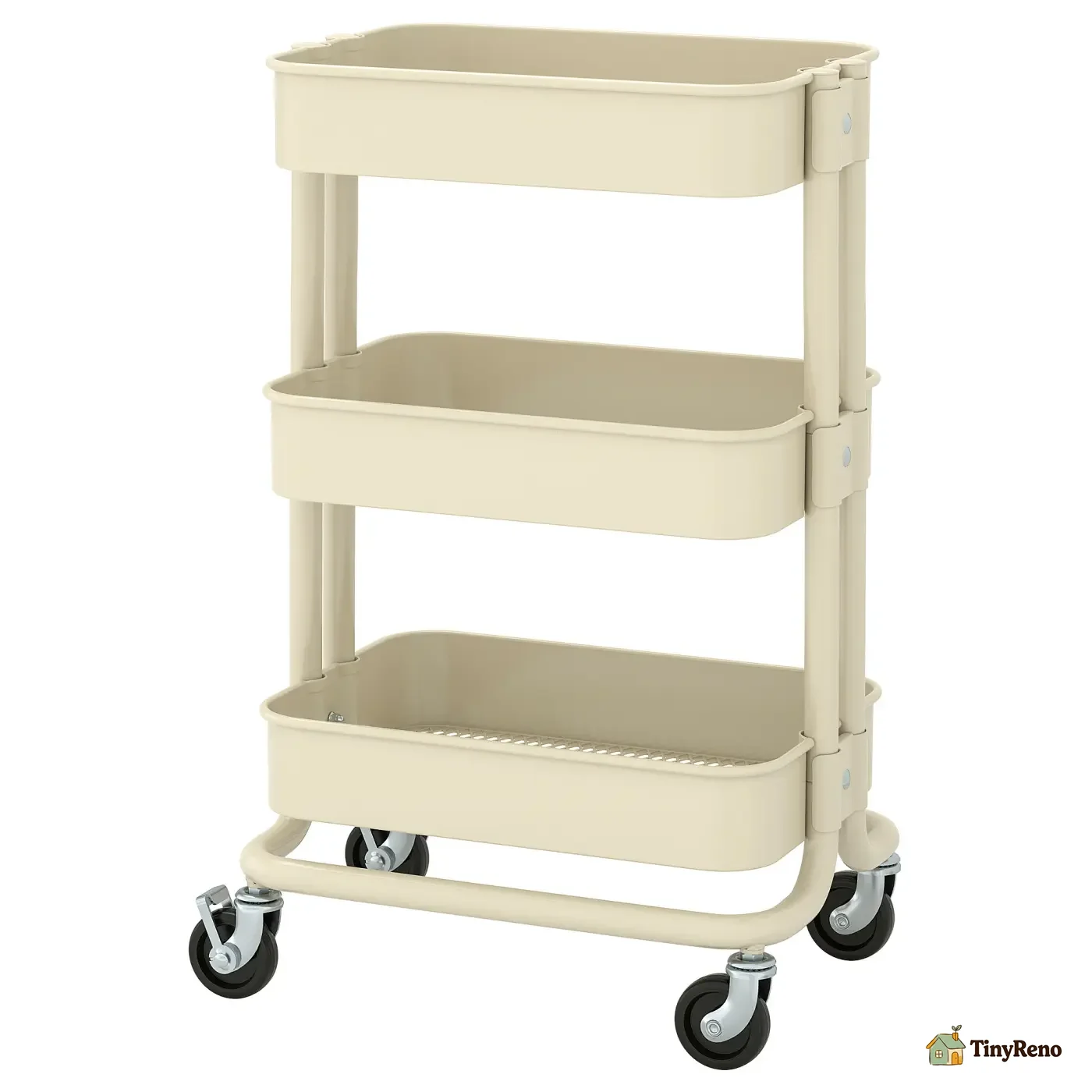 A small three-tier rolling storage cart, used as a bedside or desk-side organizer